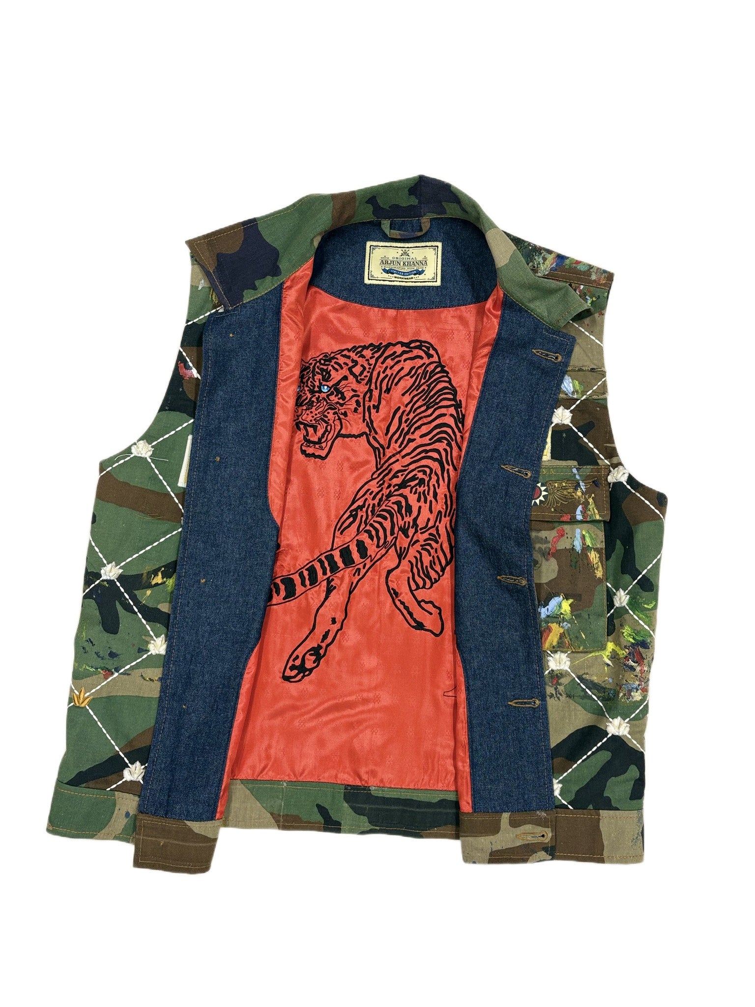AK/PR/LOT2/VEST/015 4 patch-pocket denim workwear belt-up vest with pleated back - INDIGO