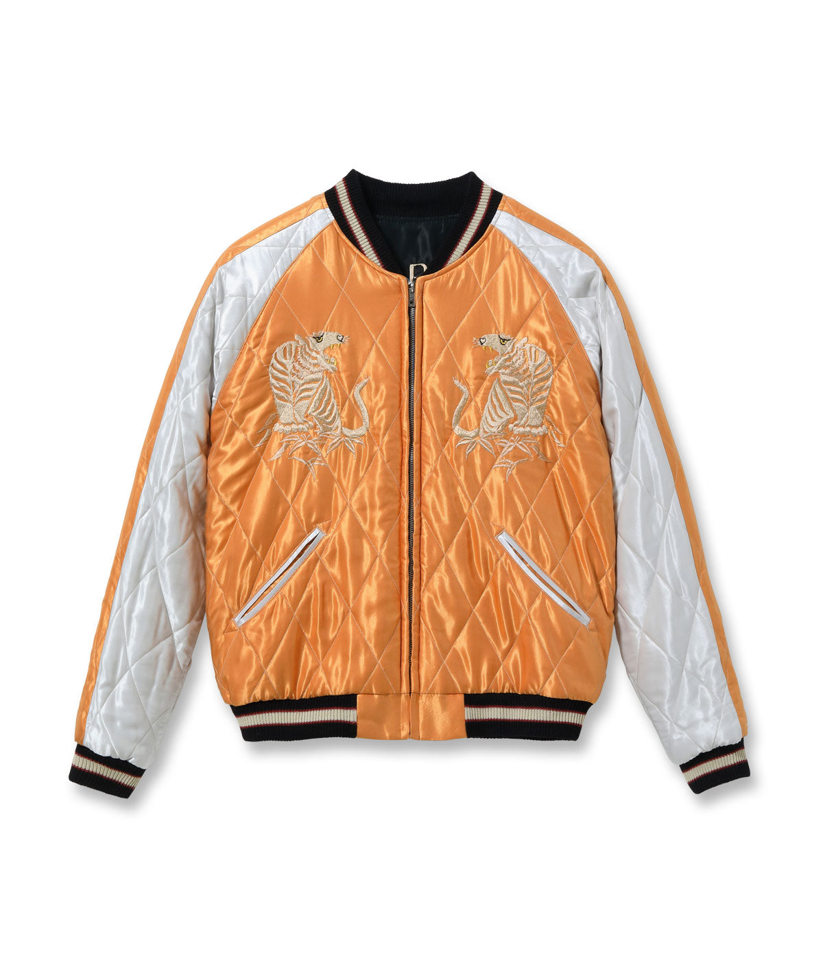 TT15791-159 Early 1950s Style Acetate Quilted Souvenir Jacket “WHITE TIGER” × “LANDSCAPE” - BLACK/ORANGE