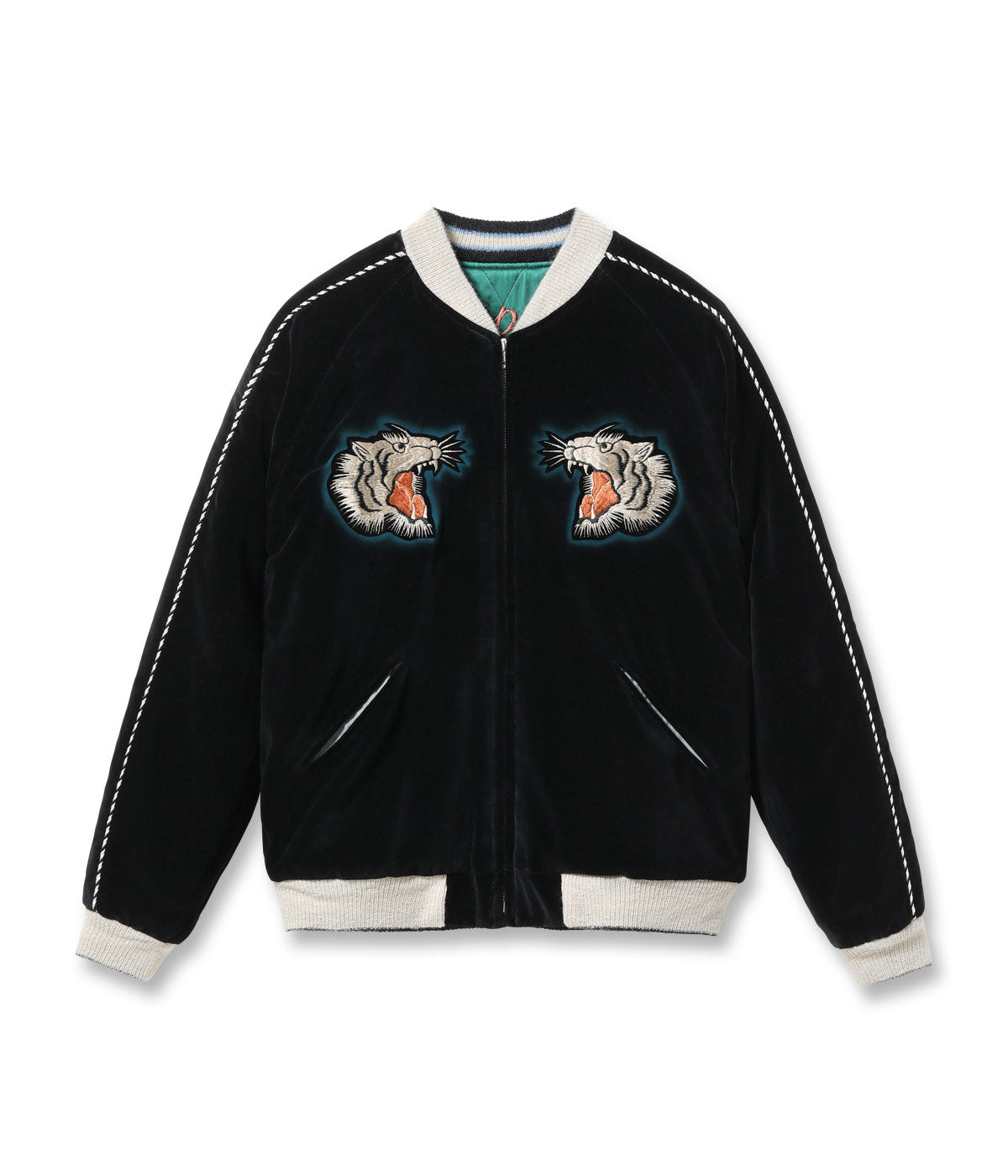 TT15809-119 Mid 1950s Style Velveteen × Acetate Quilted Souvenir Jacket “Stencil Paint” TOYO ENTERPRISE 60th Anniversary Special Edition “TIGER HEAD” × “EAGLE” - BLACK/GREEN