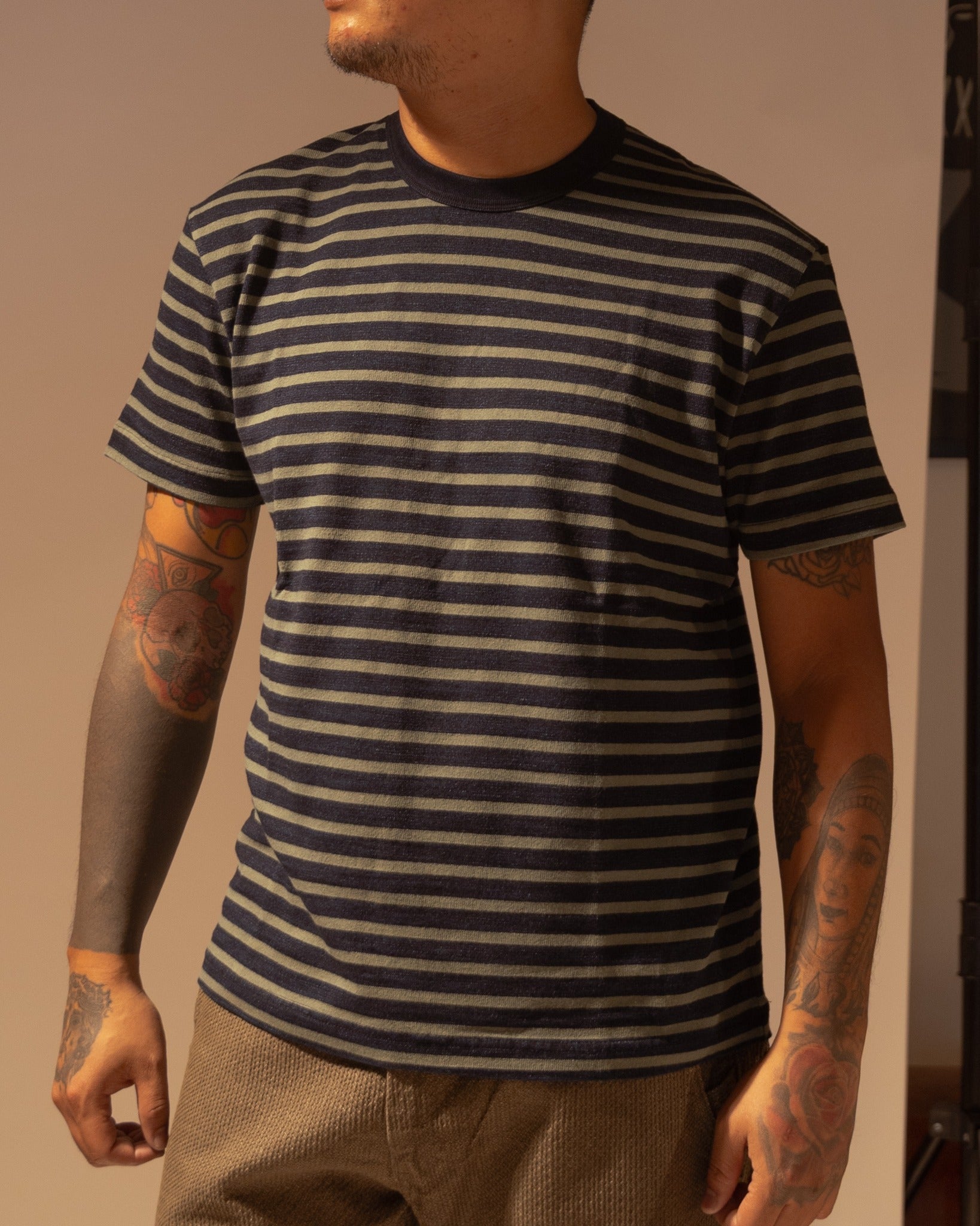 SS-5407-2 HEAVYWEIGHT STRIPED TEE L/S - INDIGO X OLIVE