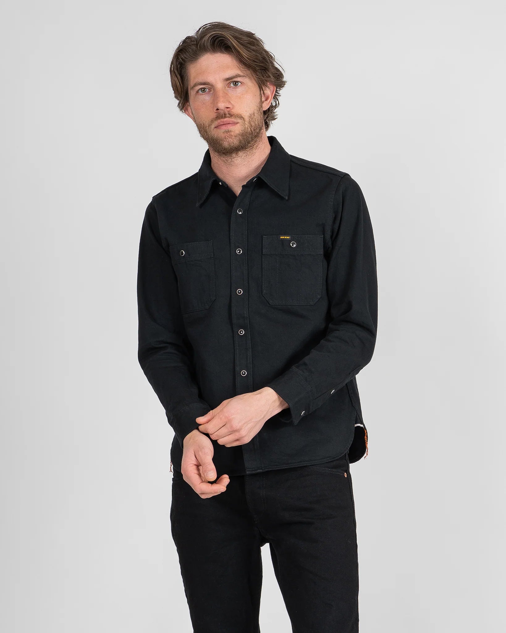 IHSH-338 12oz Selvedge Denim Work Shirt With Snaps - BLACK
