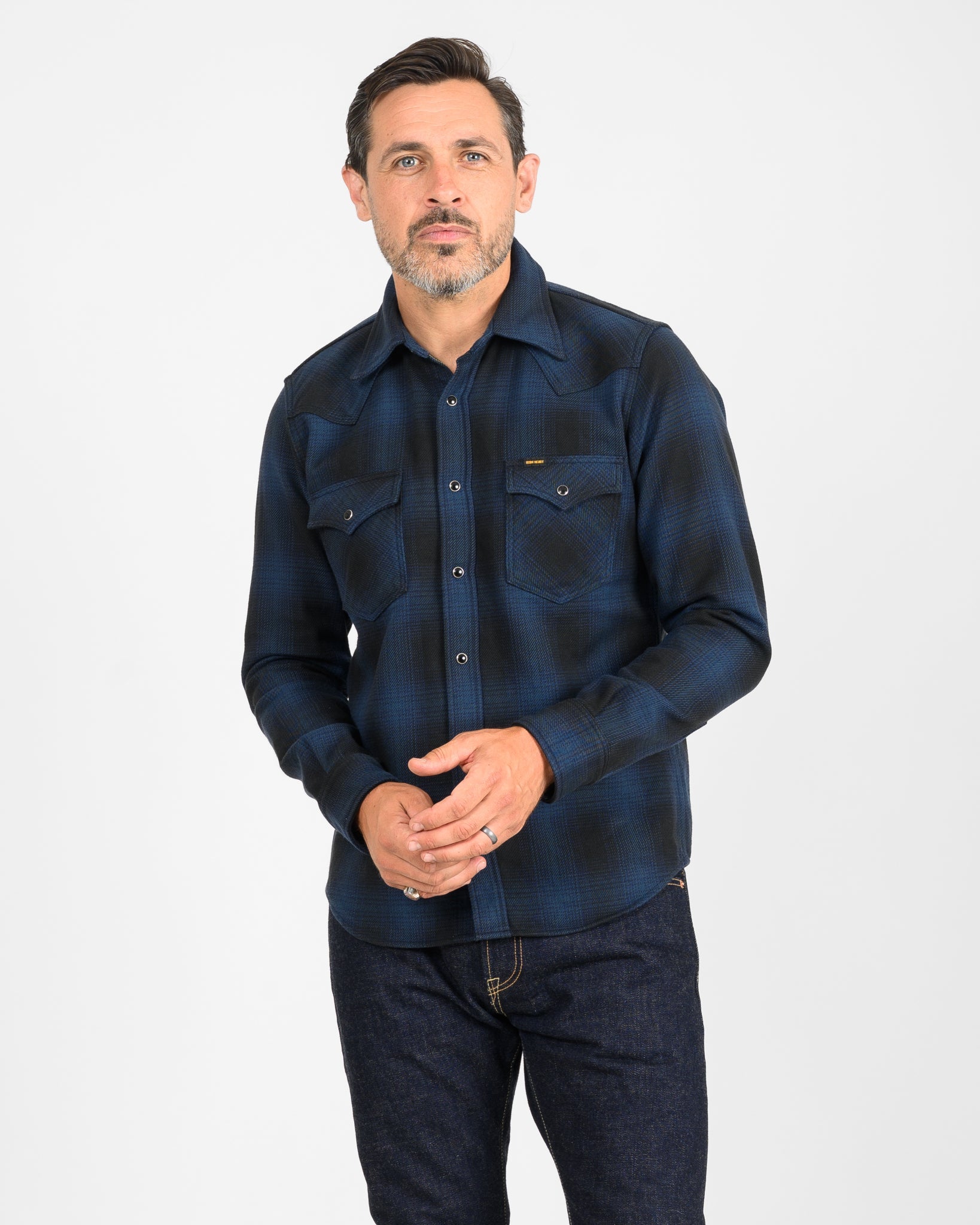 IHSH-264-NAV Ultra Heavy Flannel Ombré Check Western Shirt - NAVY/BLACK