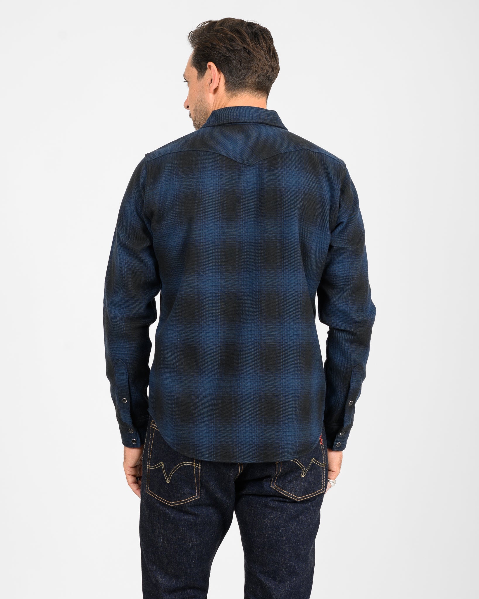 IHSH-264-NAV Ultra Heavy Flannel Ombré Check Western Shirt - NAVY/BLACK