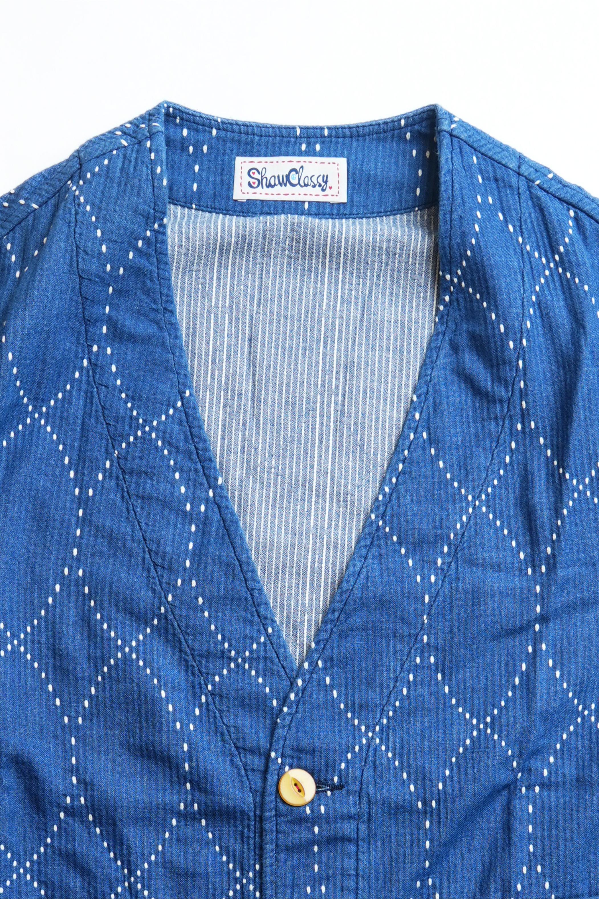 Geometric Sashiko Casual Cardigan Jacket - INDIGO