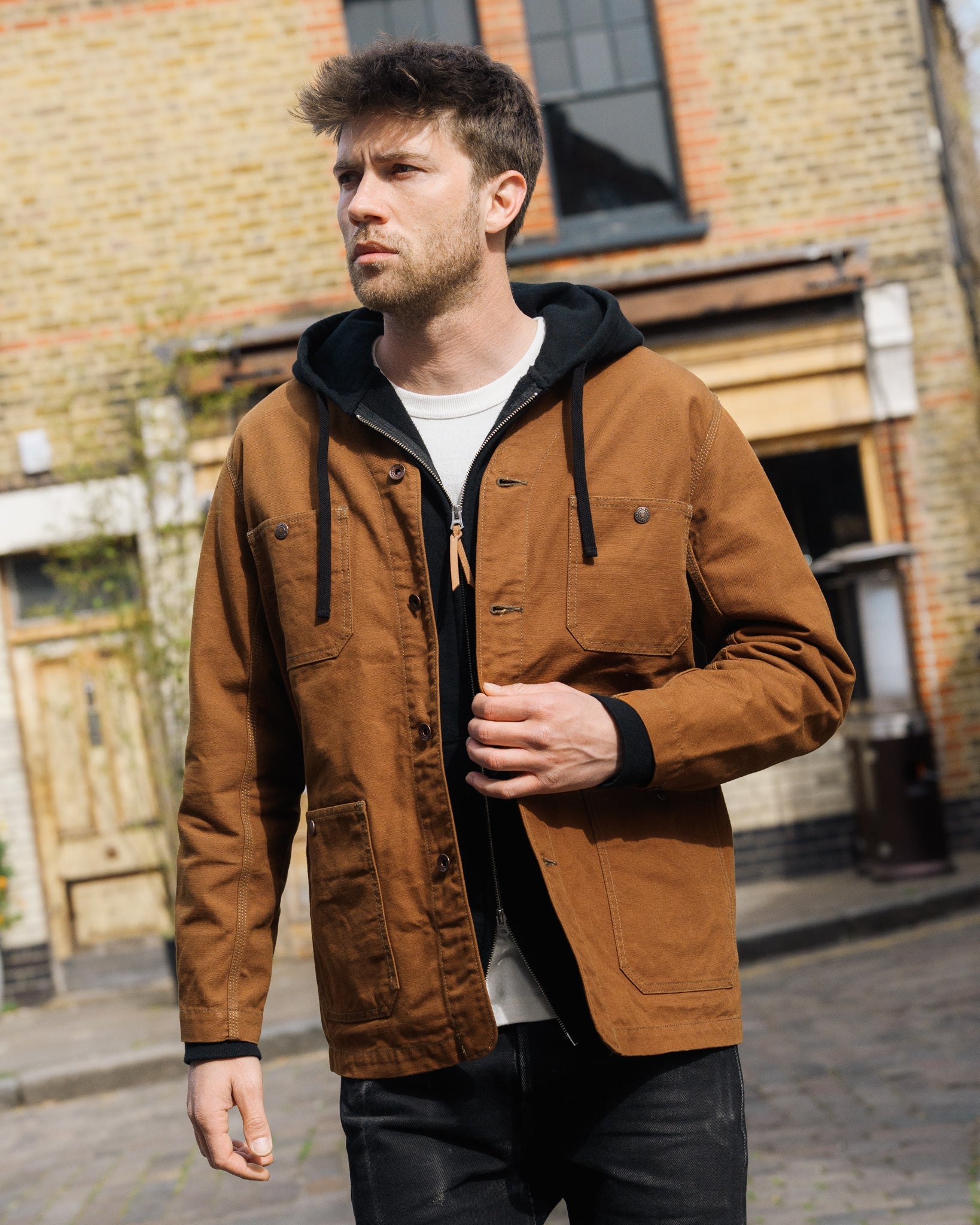 IHJ-159-BRN 13.5oz DUCK COLLARLESS CHORE JACKET - BROWN