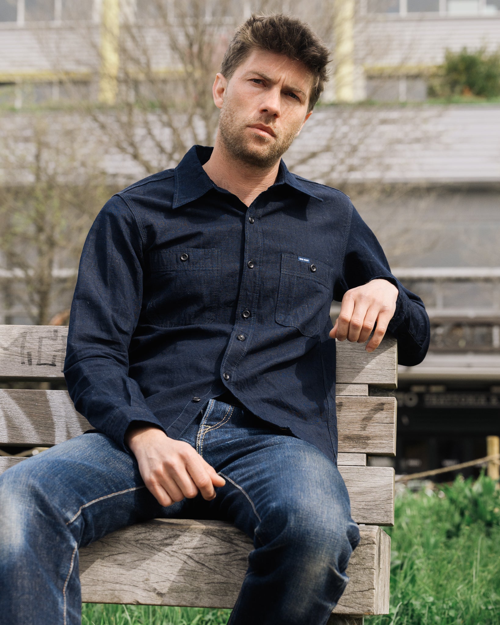 IHSH-443-IND 7oz COTTON LINEN CHAMBRAY WORK SHIRT - INDIGO