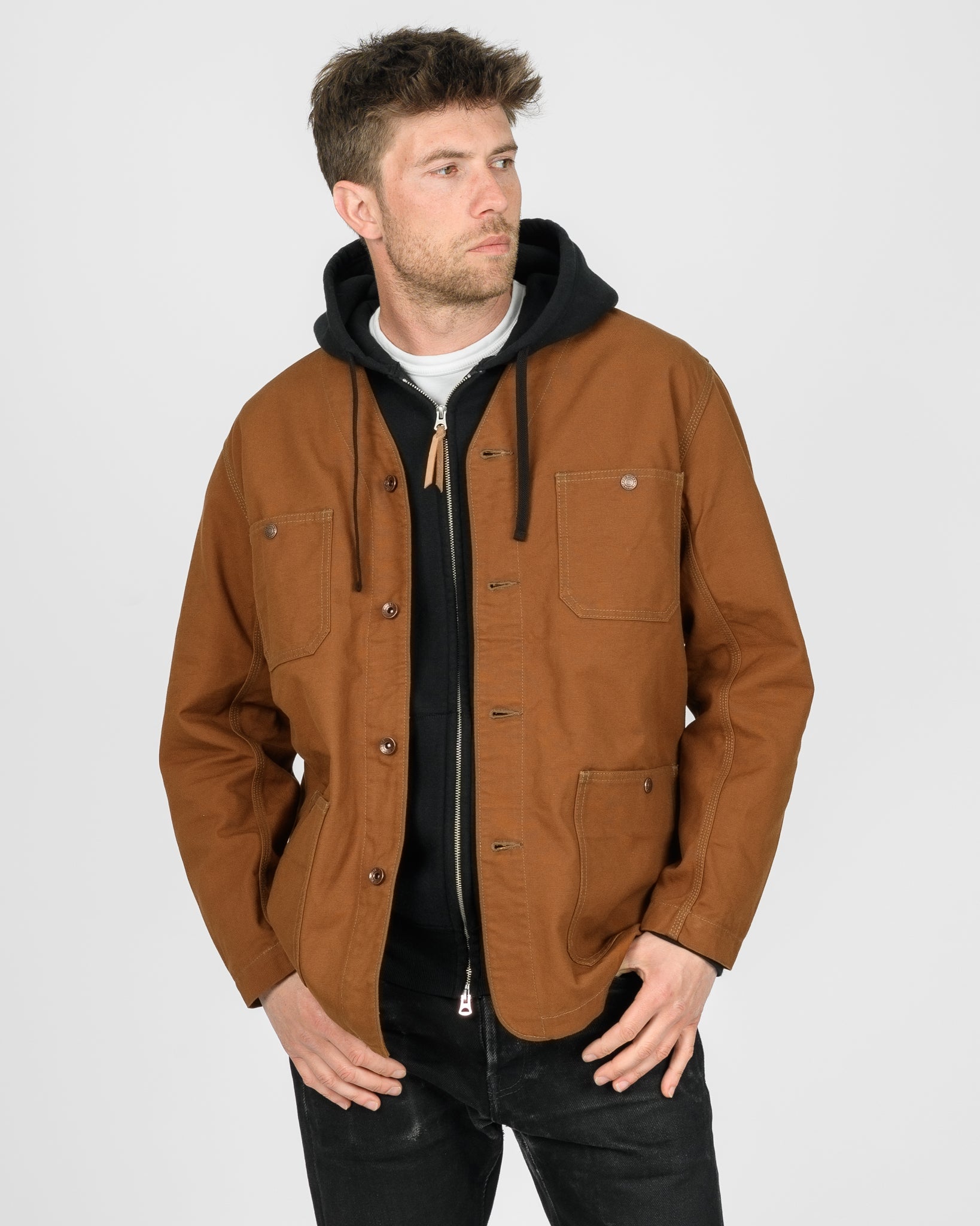 IHJ-159-BRN 13.5oz DUCK COLLARLESS CHORE JACKET - BROWN