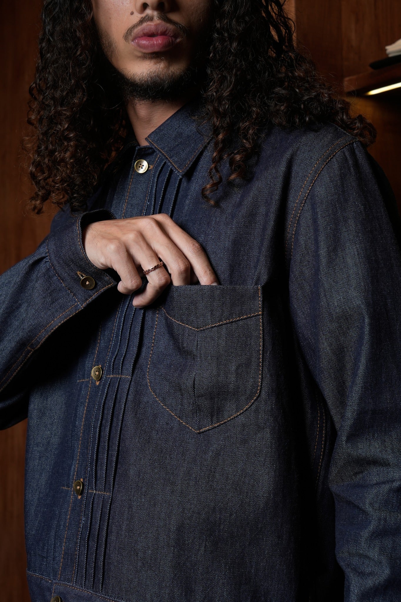 AK/PR/LOT2/JKT/031 Denim pleated Type-1 Shirt Jacket Red Japanese selvedge - INDIGO