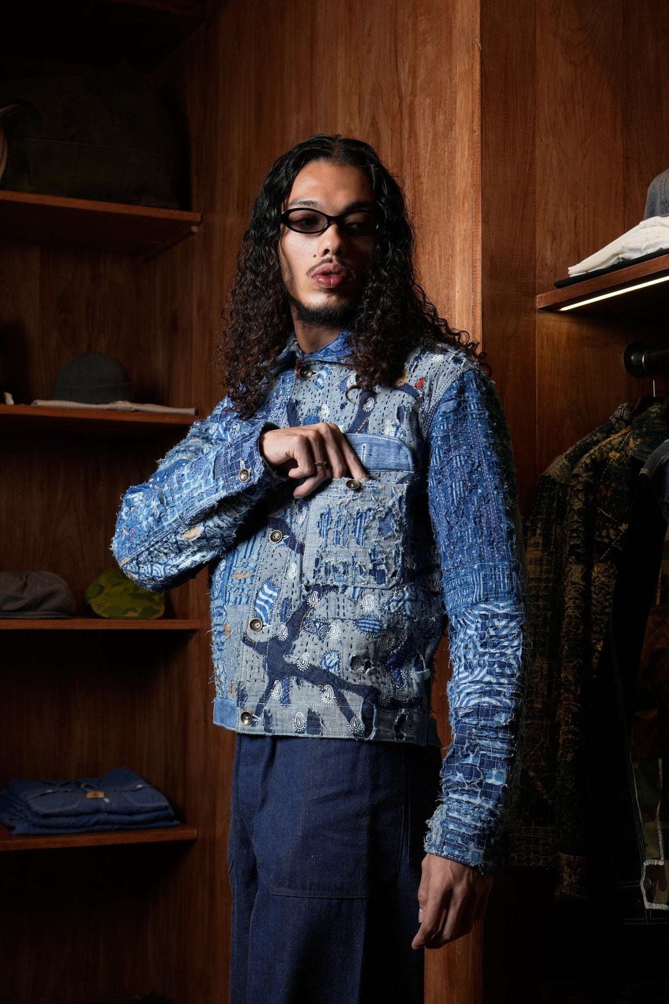 AK/PR/LOT2/JKT/035 Type 1 Ripped & Distressed Denim Jacket with Boro and hand-embroidered Paisley motif - INDIGO