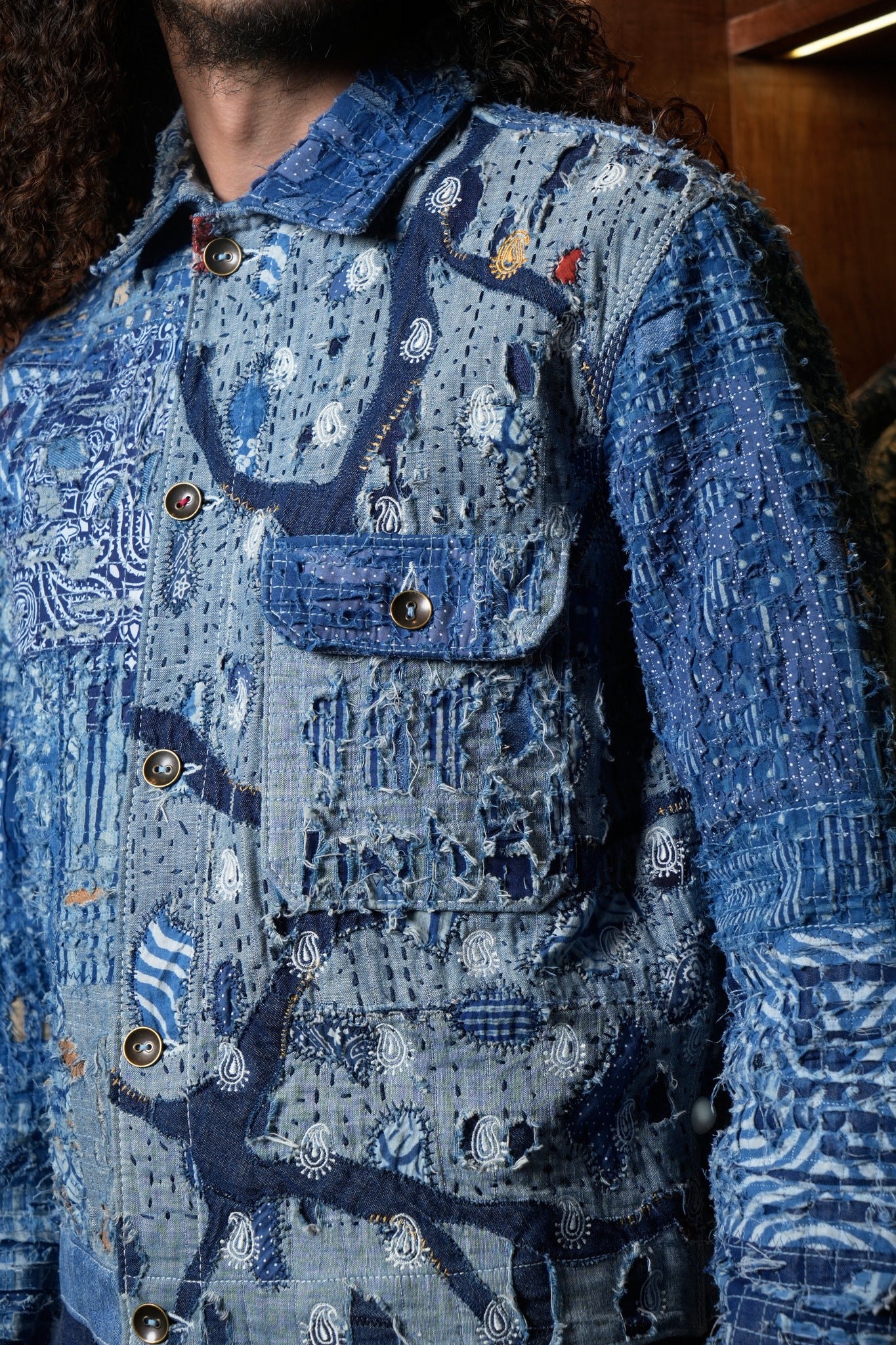 AK/PR/LOT2/JKT/035 Type 1 Ripped & Distressed Denim Jacket with Boro and hand-embroidered Paisley motif - INDIGO