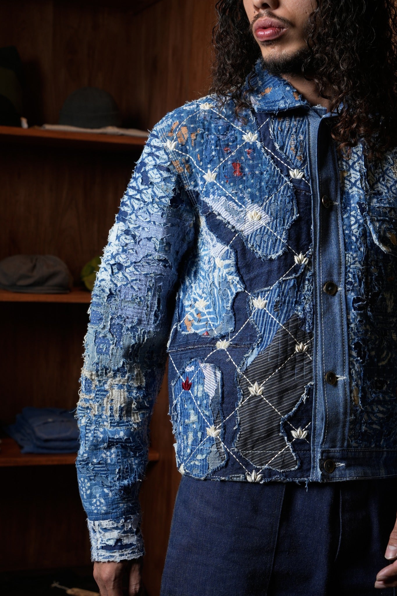 AK/PR/LOT2/JKT/037 Type 1 Ripped & Distressed Denim Jacket with Boro and Lotus Motif - INDIGO