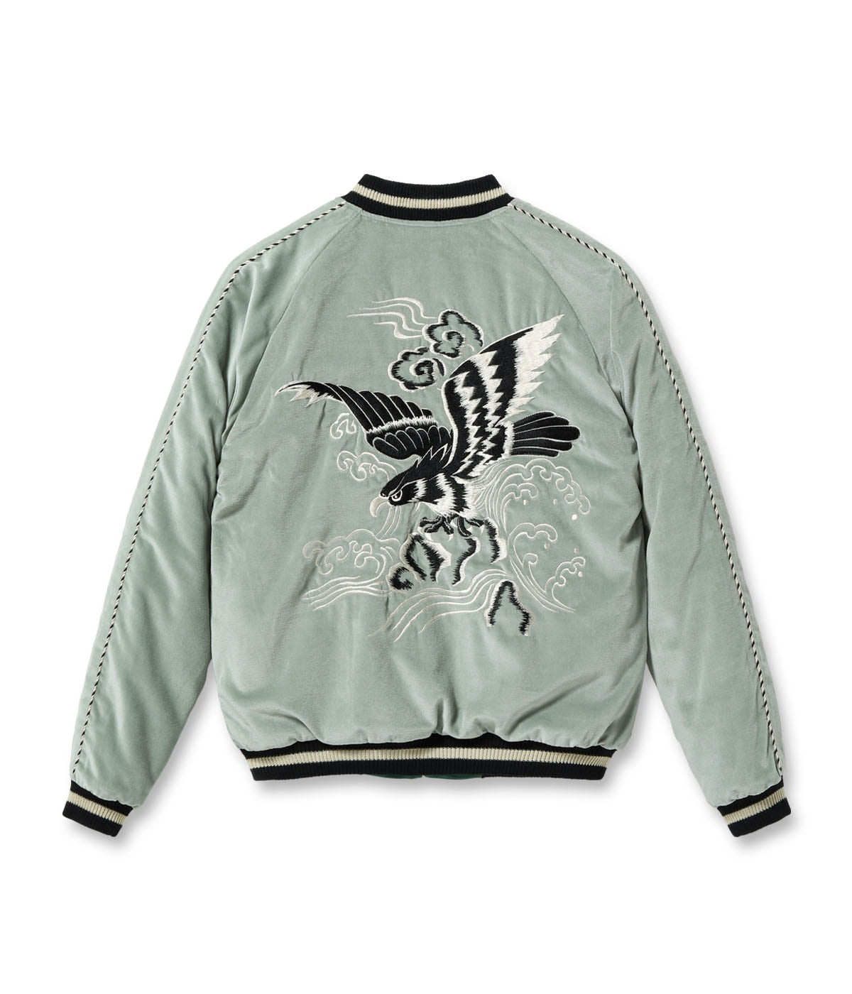 TT15544-141 MID 1950S STYLE VELVETEEN SOUVENIR JACKET BLACK EAGLE ? JAPAN MAP - MINT GREEN/GREEN