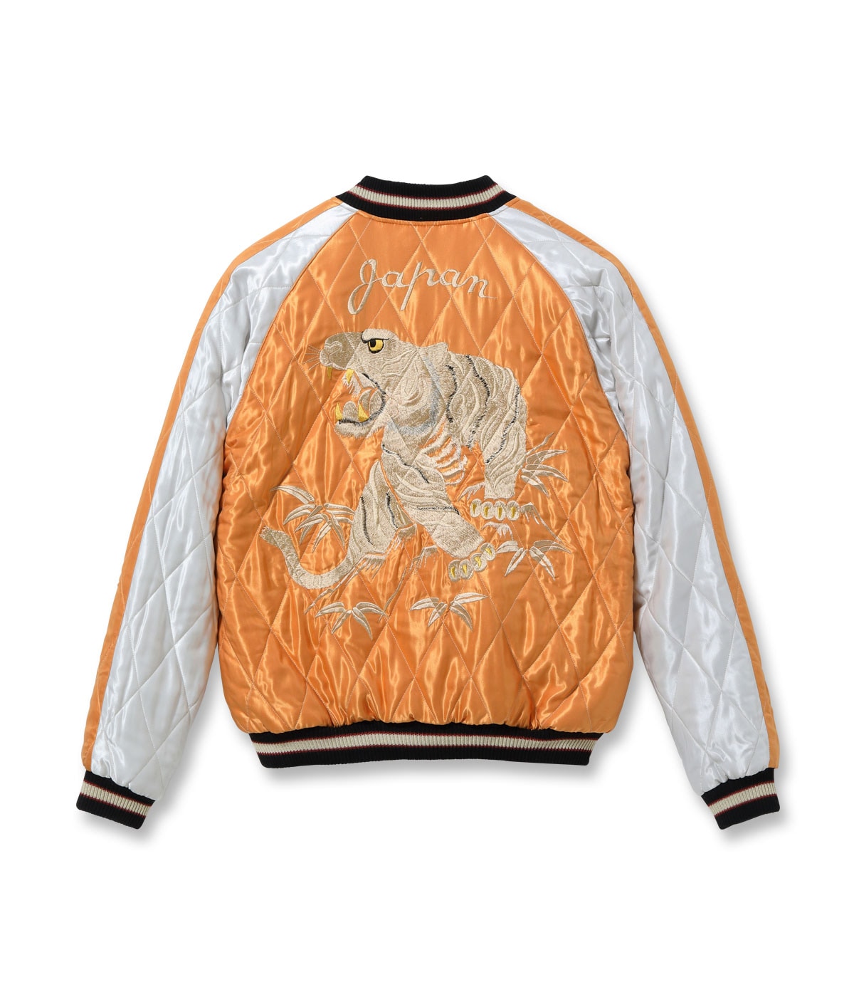 TT15791-159 Early 1950s Style Acetate Quilted Souvenir Jacket “WHITE TIGER” × “LANDSCAPE” - BLACK/ORANGE
