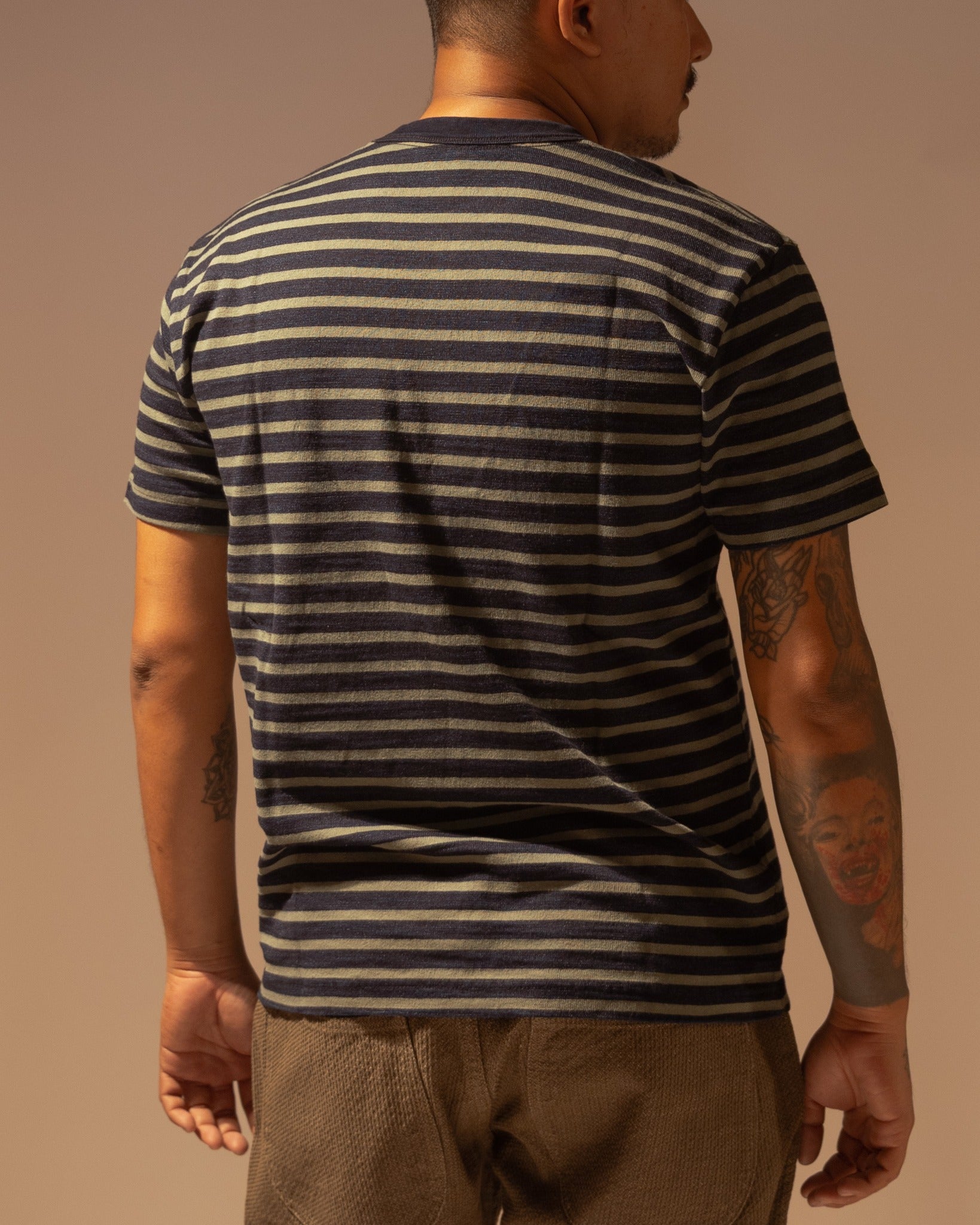 SS-5407-2 HEAVYWEIGHT STRIPED TEE L/S - INDIGO X OLIVE