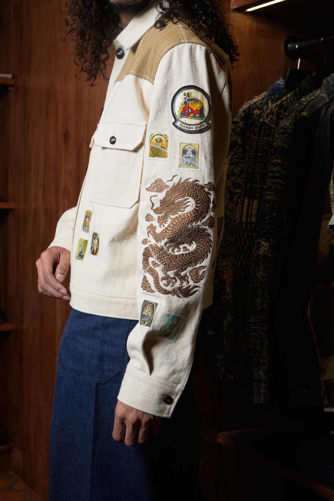 AK/PR/LOT2/JKT/041 Golden Dragon Bomber jacket with handembroidery & hand-painted badges all-over - OFF WHITE