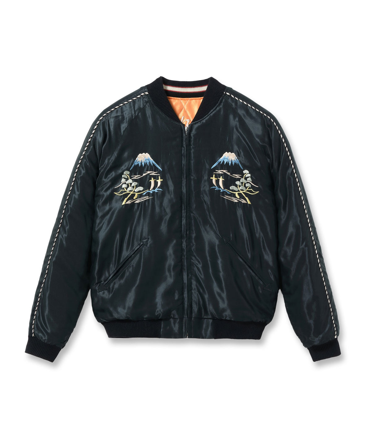TT15791-159 Early 1950s Style Acetate Quilted Souvenir Jacket “WHITE TIGER” × “LANDSCAPE” - BLACK/ORANGE