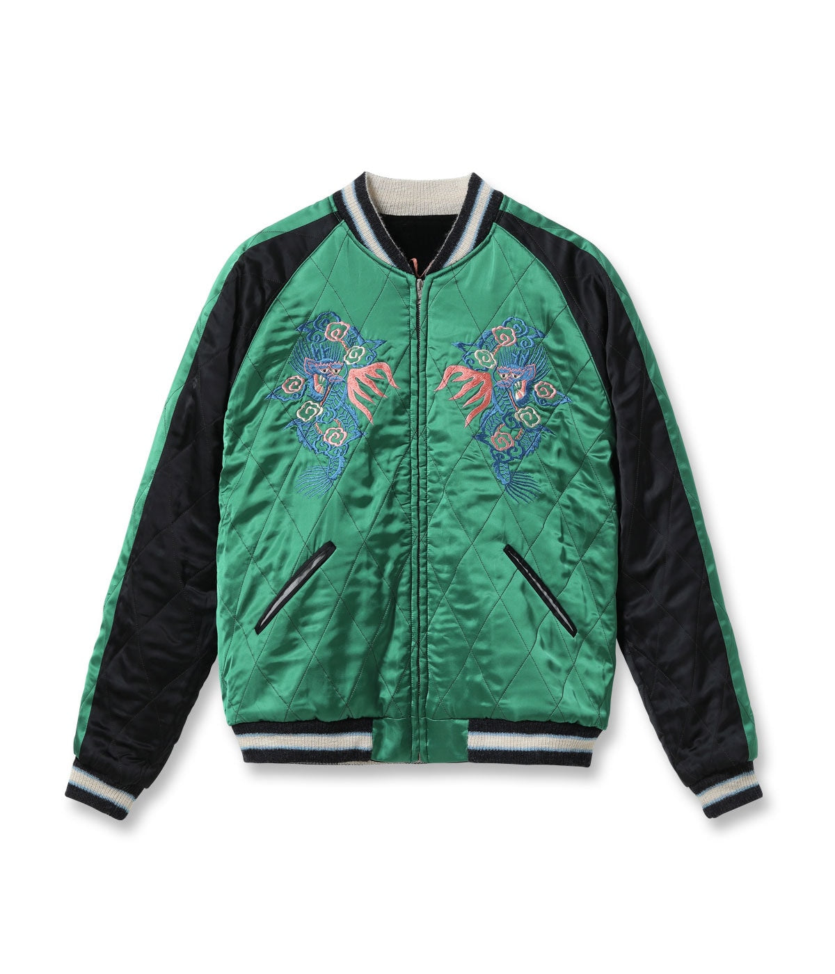 TT15809-119 Mid 1950s Style Velveteen × Acetate Quilted Souvenir Jacket “Stencil Paint” TOYO ENTERPRISE 60th Anniversary Special Edition “TIGER HEAD” × “EAGLE” - BLACK/GREEN