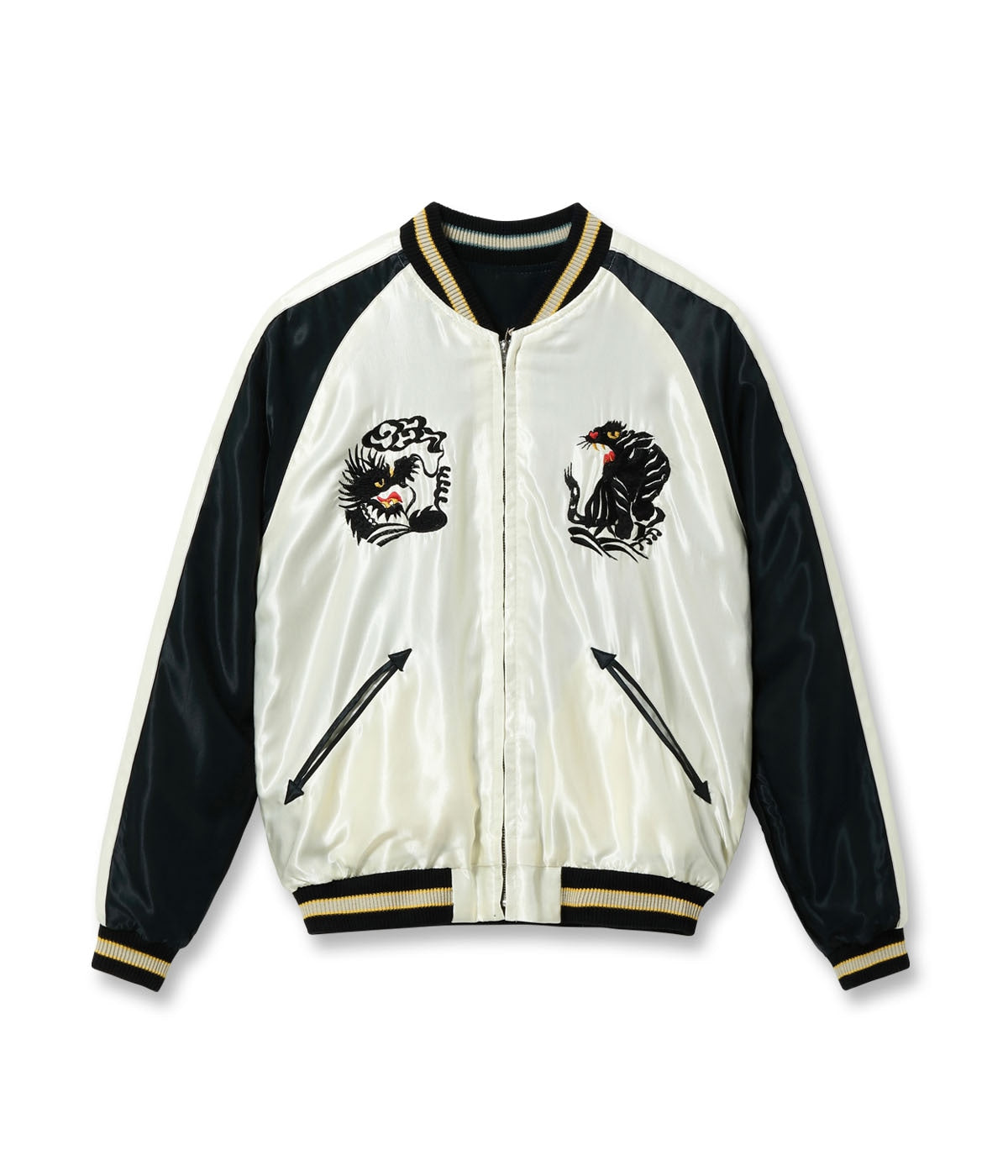 TT15877-119 Mid 1950s Style Acetate Souvenir Jacket “ROARING TIGER” × “BLACK DRAGON” - BLACK