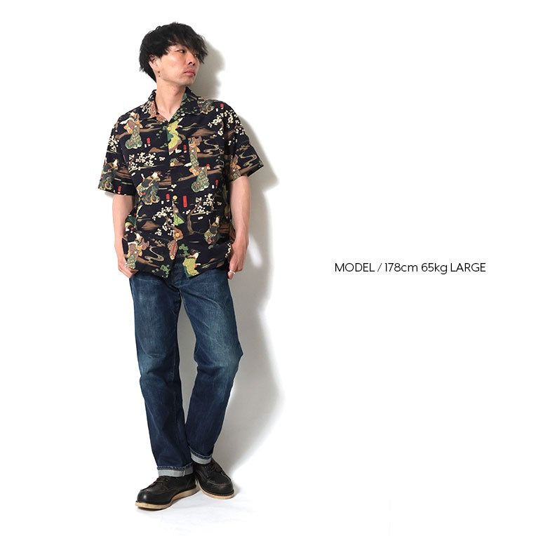 41169 × Utagawa Kuniyoshi COTTON RAYON ALOHA SHIRT (Sumida River Morning Mist) - BLACK