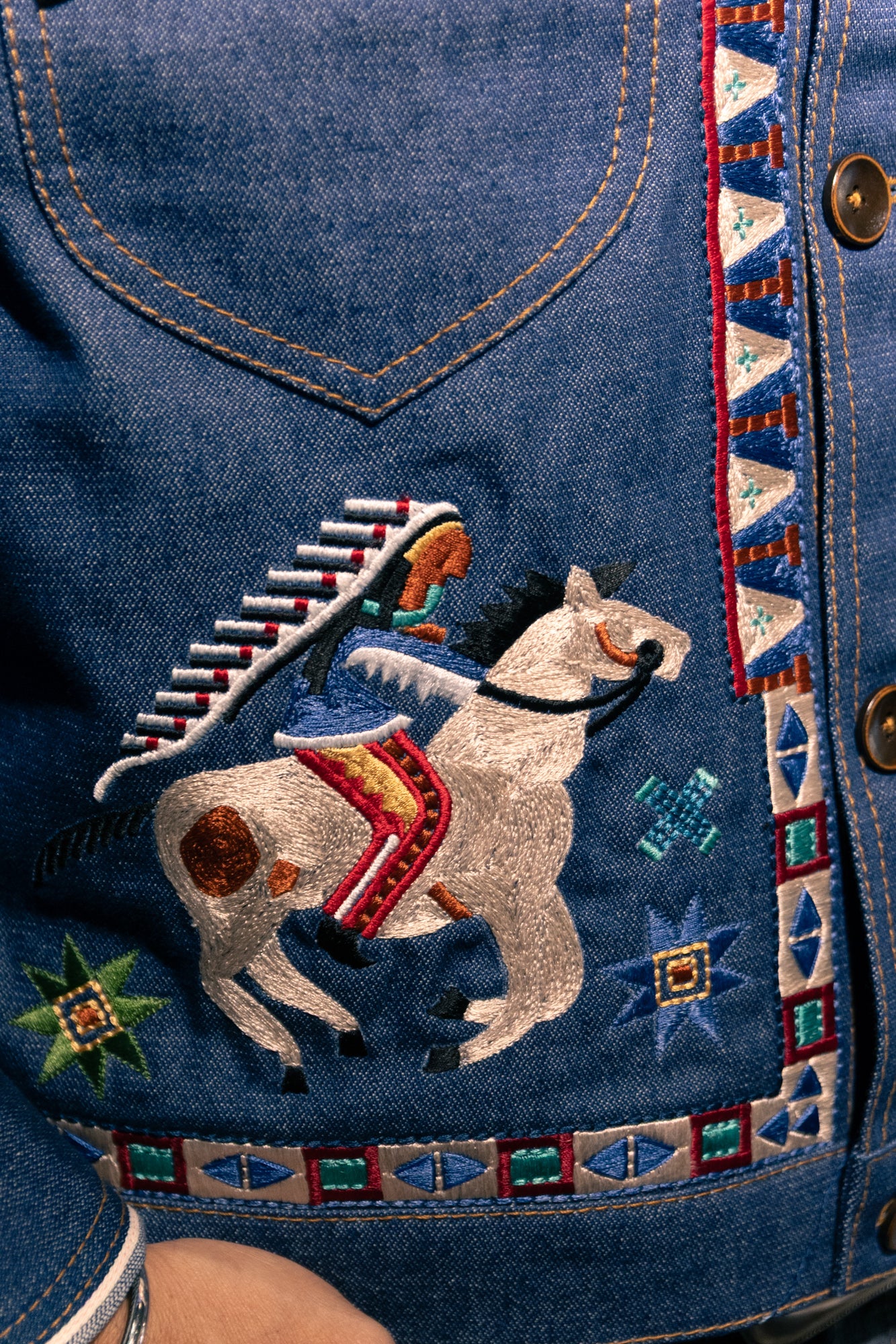 AK/PR/LOT1/JKT/005 Navajo Embroidered Denim Jacket (Japan Selv Phoenix) - INDIGO