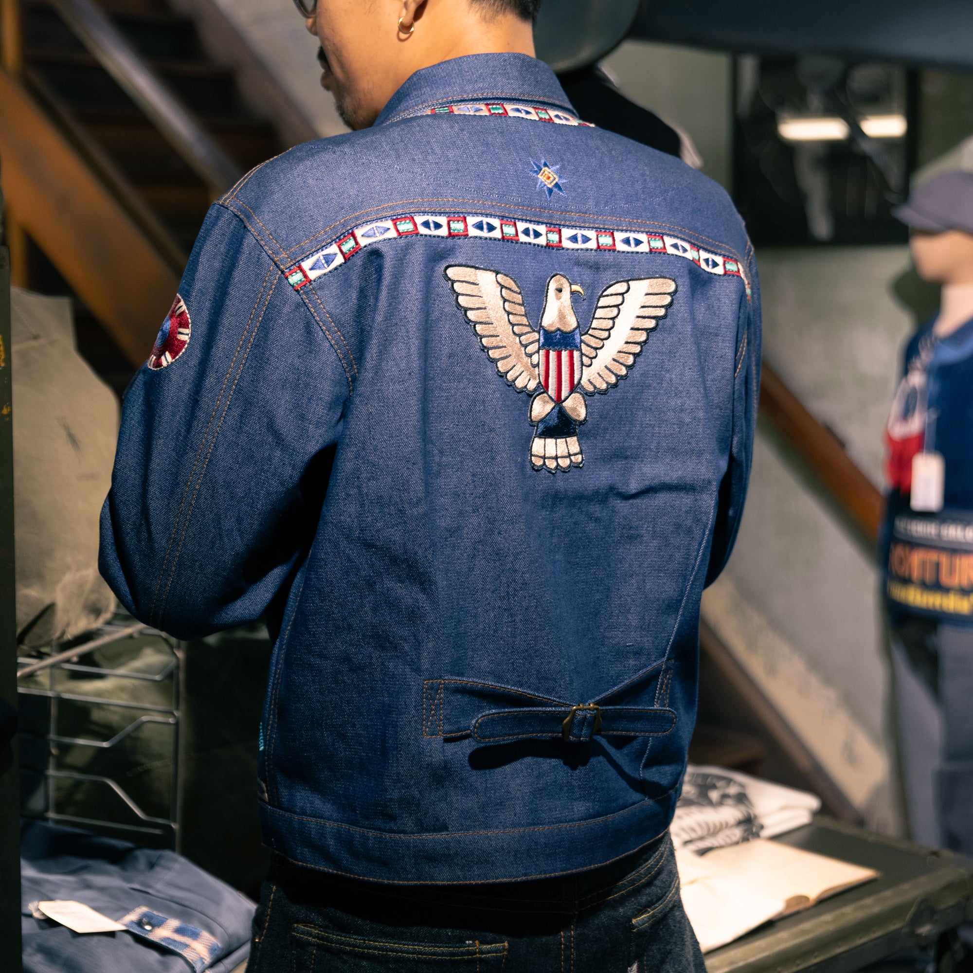 AK/PR/LOT1/JKT/005 Navajo Embroidered Denim Jacket (Japan Selv Phoenix) - INDIGO