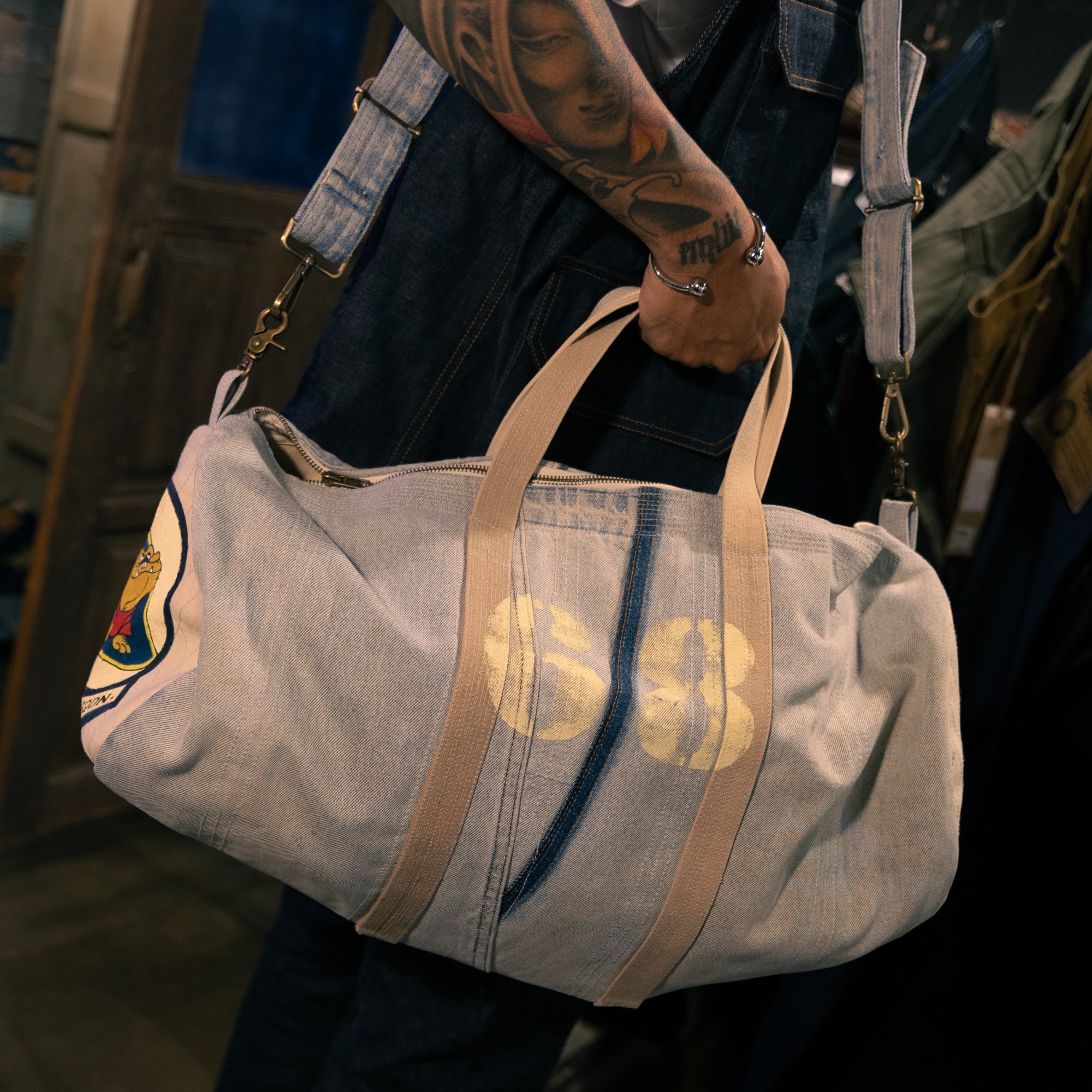AK/PR/LOT1/ACC/006 Vintage Denim Bulldog Patch Duffel (Ice Blue) - Ice Blue