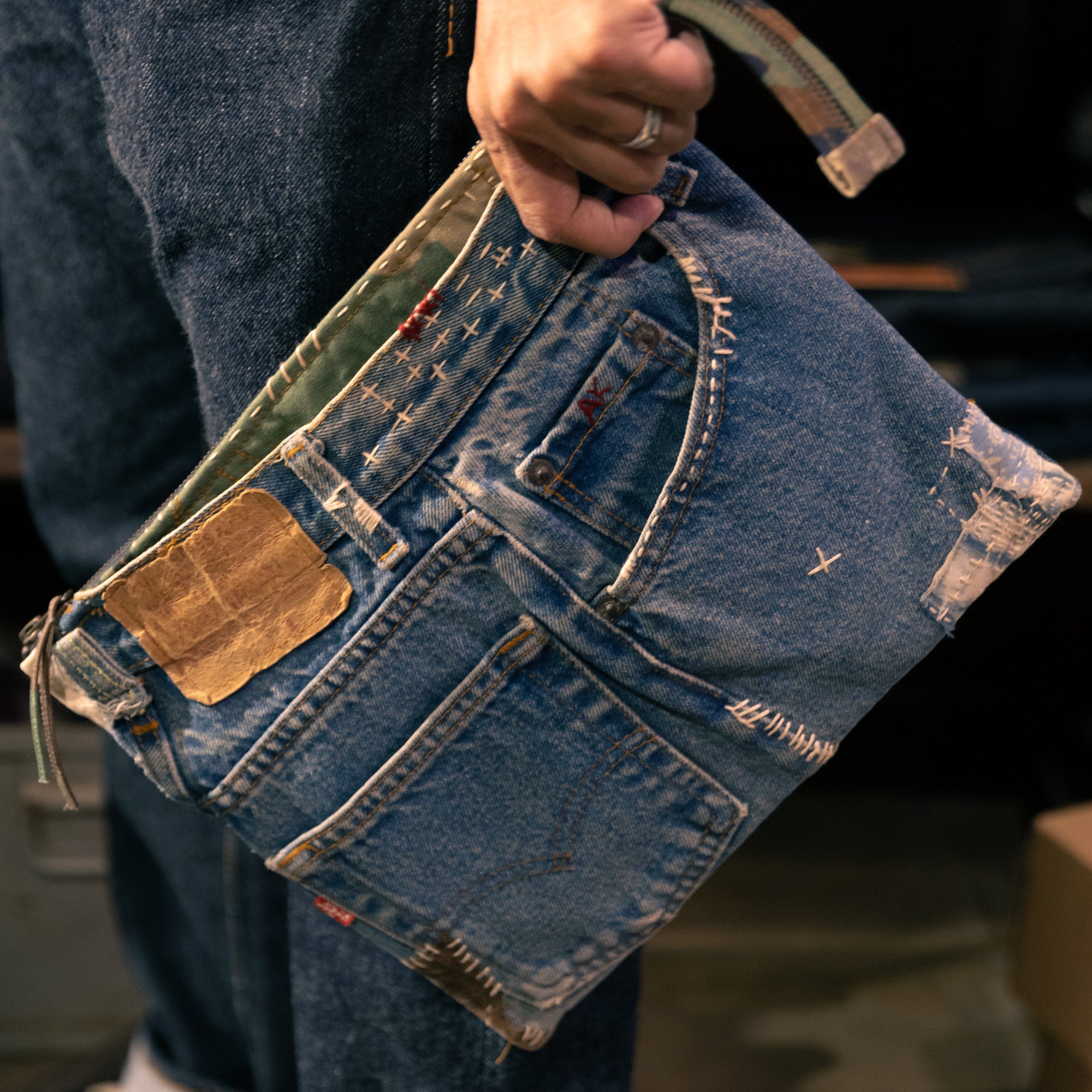 AK/PR/LOT1/ACC/010 Vintage Denim Laptop/iPad Sleeve with Hand Sashiko & Emb Detail - INDIGO