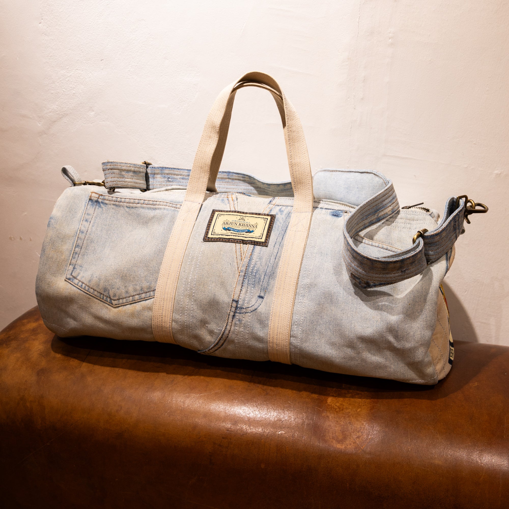 AK/PR/LOT1/ACC/006 Vintage Denim Bulldog Patch Duffel (Ice Blue) - Ice Blue
