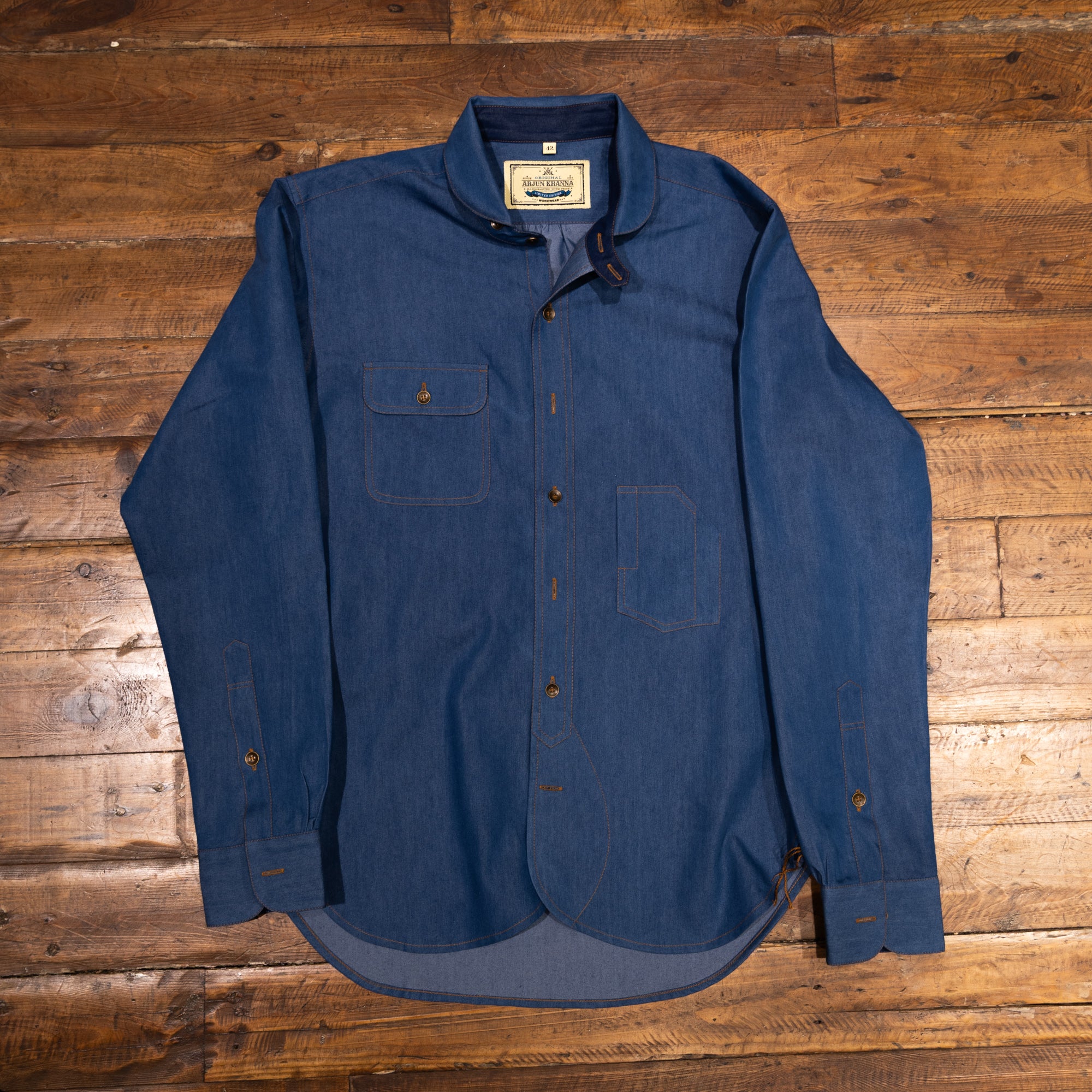 AK/PR/LOT1/SHRT002 Shirt Pattern 1 Light Blue Cotton Shirt with Coin Pocket and Rounded Long Band Collar - INDIGO