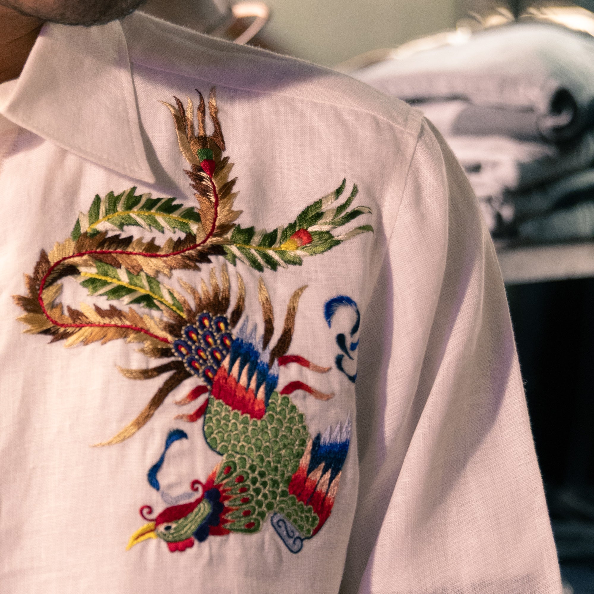 AK/PR/LOT1/SHRT039 Hand embroidered Birds of Paradise Linen Shirt (White) - WHITE