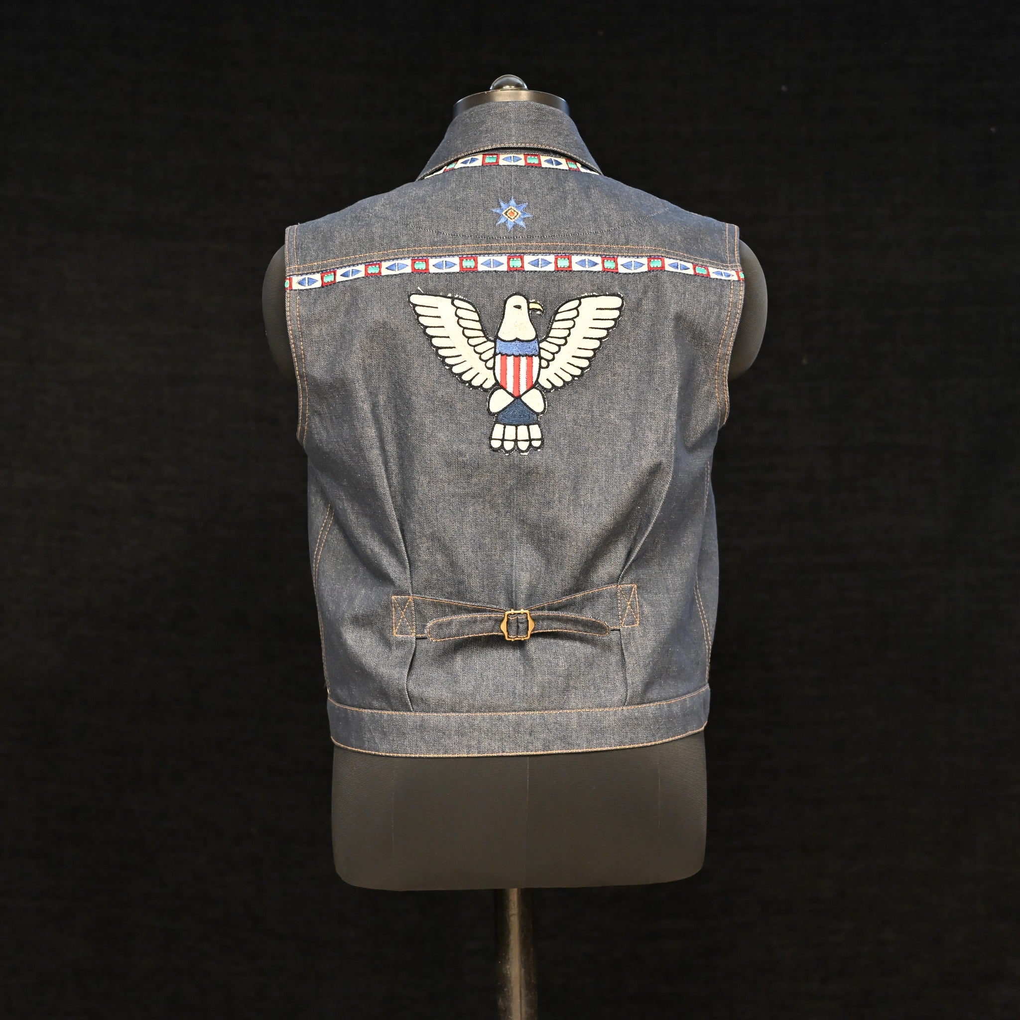 AK/PR/LOT1/VEST/002 Navajo Embroidered Denim Vest (Japan Selv Phoenix) - INDIGO