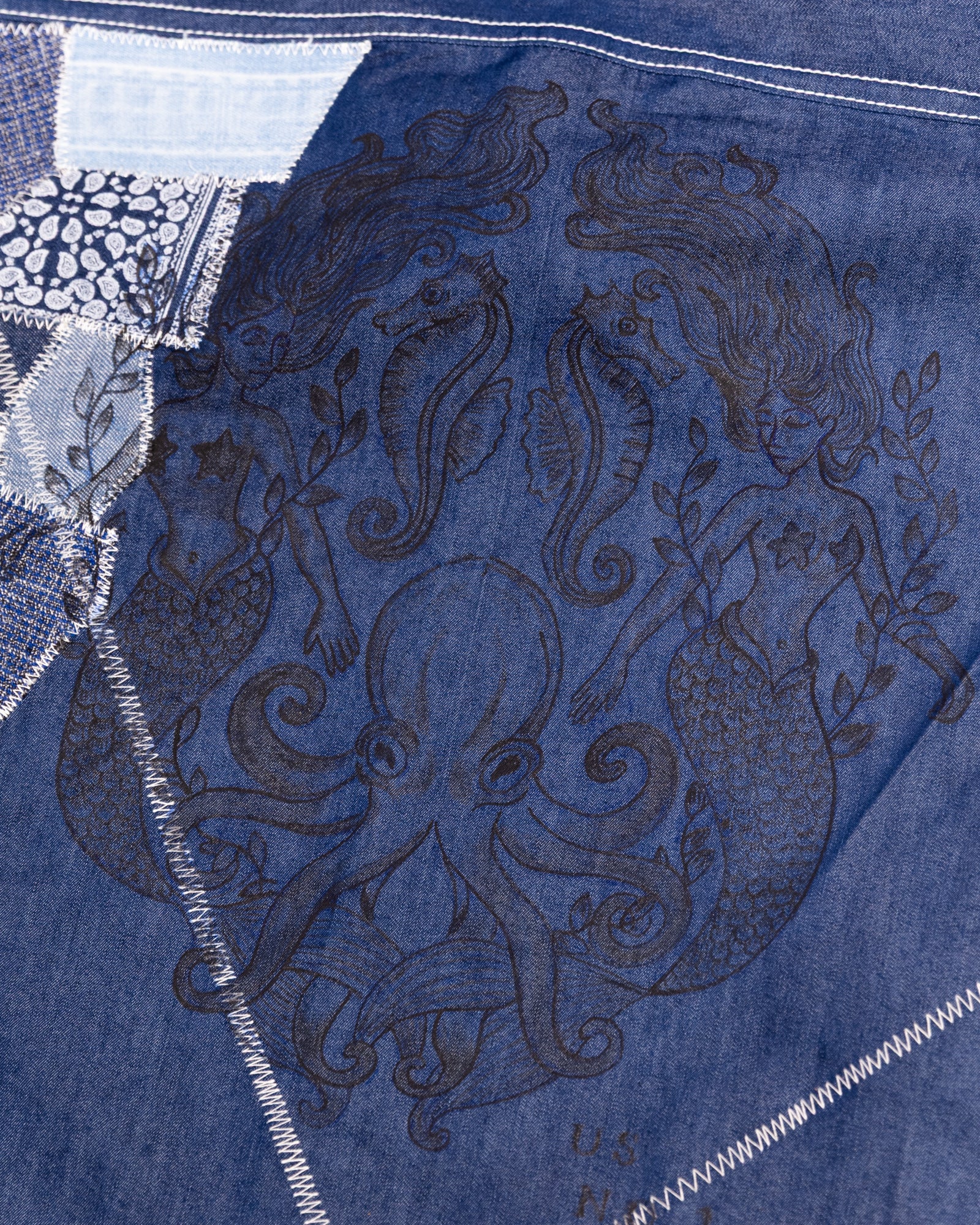 AK/PR/LOT1/SHRT018 Shirt Pattern 4 Repaired Handpainted Mermaid Seafarer Shirt with Heavy Patchwork (Dark) - INDIGO