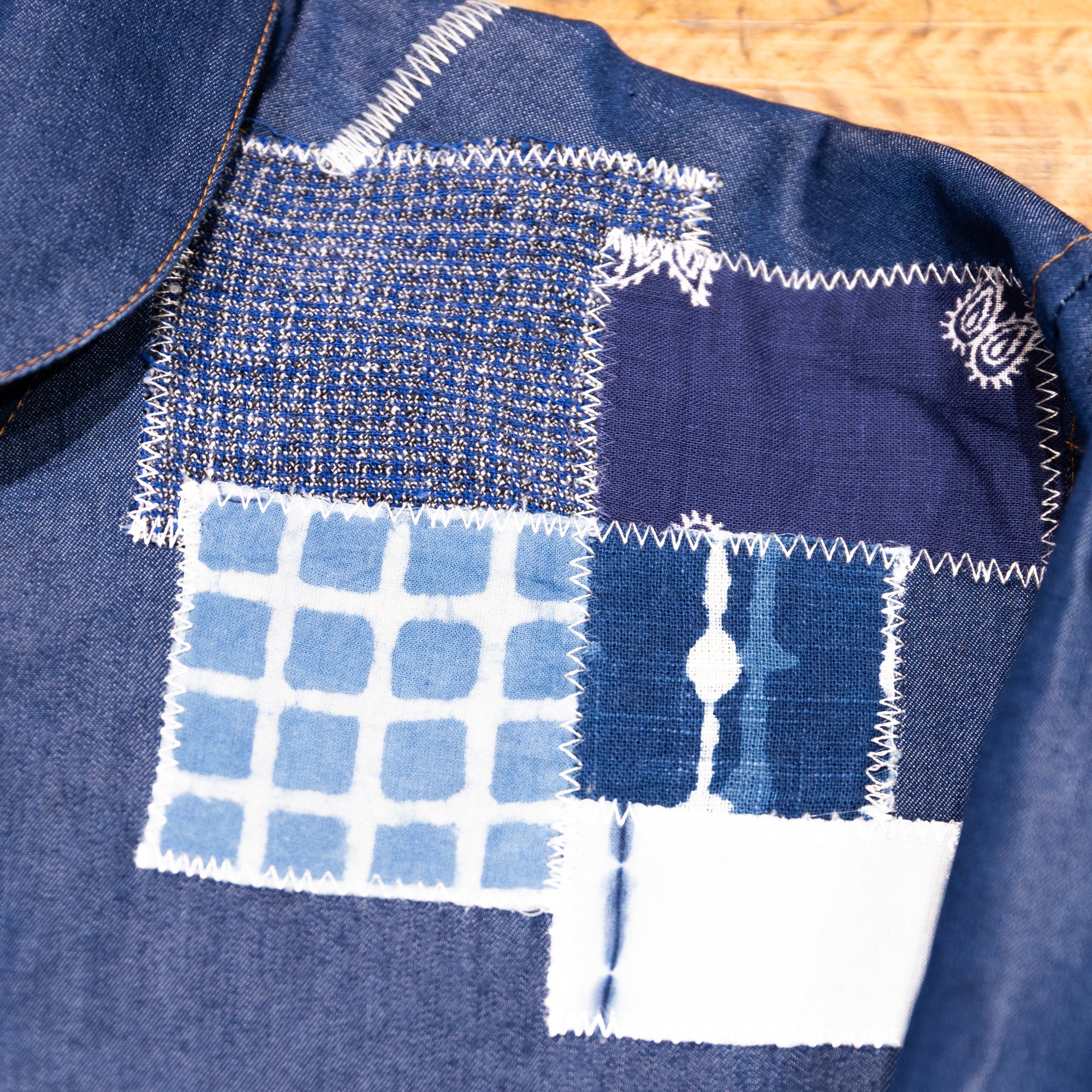 AK/PR/LOT1/SHRT005 Shirt Pattern 1 Blue Cotton Patchwork Shirt with Coin Pocket and Rounded Long Band Collar - INDIGO