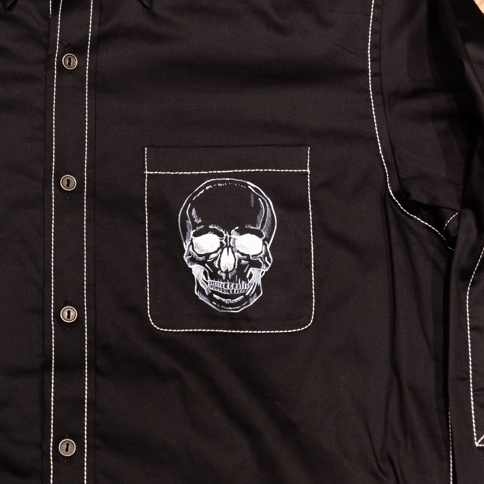 AK/PR/LOT1/SHRT044 Handpainted Skull & Vertebrae Back Cotton Shirt (Black) - BLACK