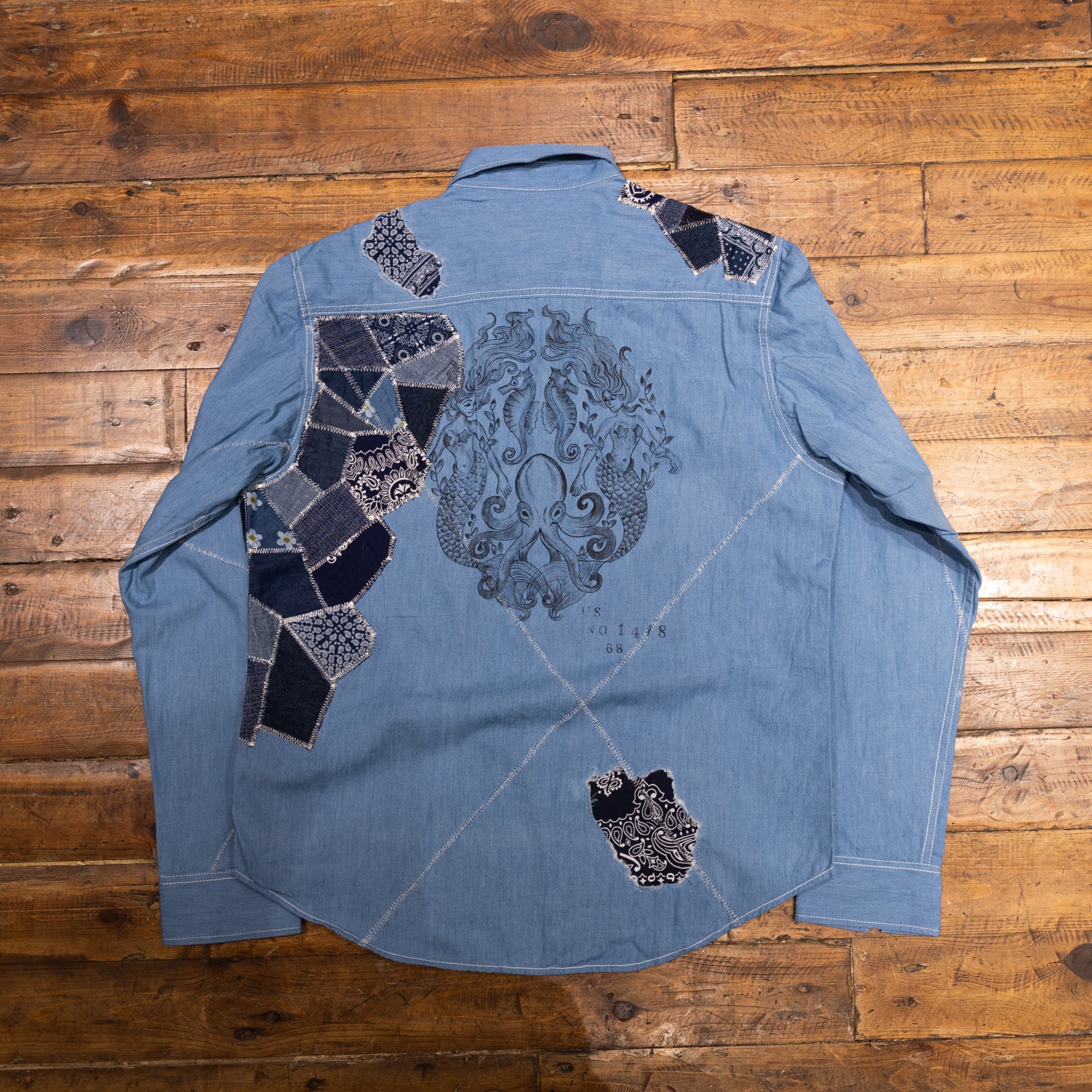 AK/PR/LOT1/SHRT034 Shirt Pattern 4 Repaired Handpainted Mermaid Seafarer Shirt with Heavy Patchwork (Light)* - INDIGO