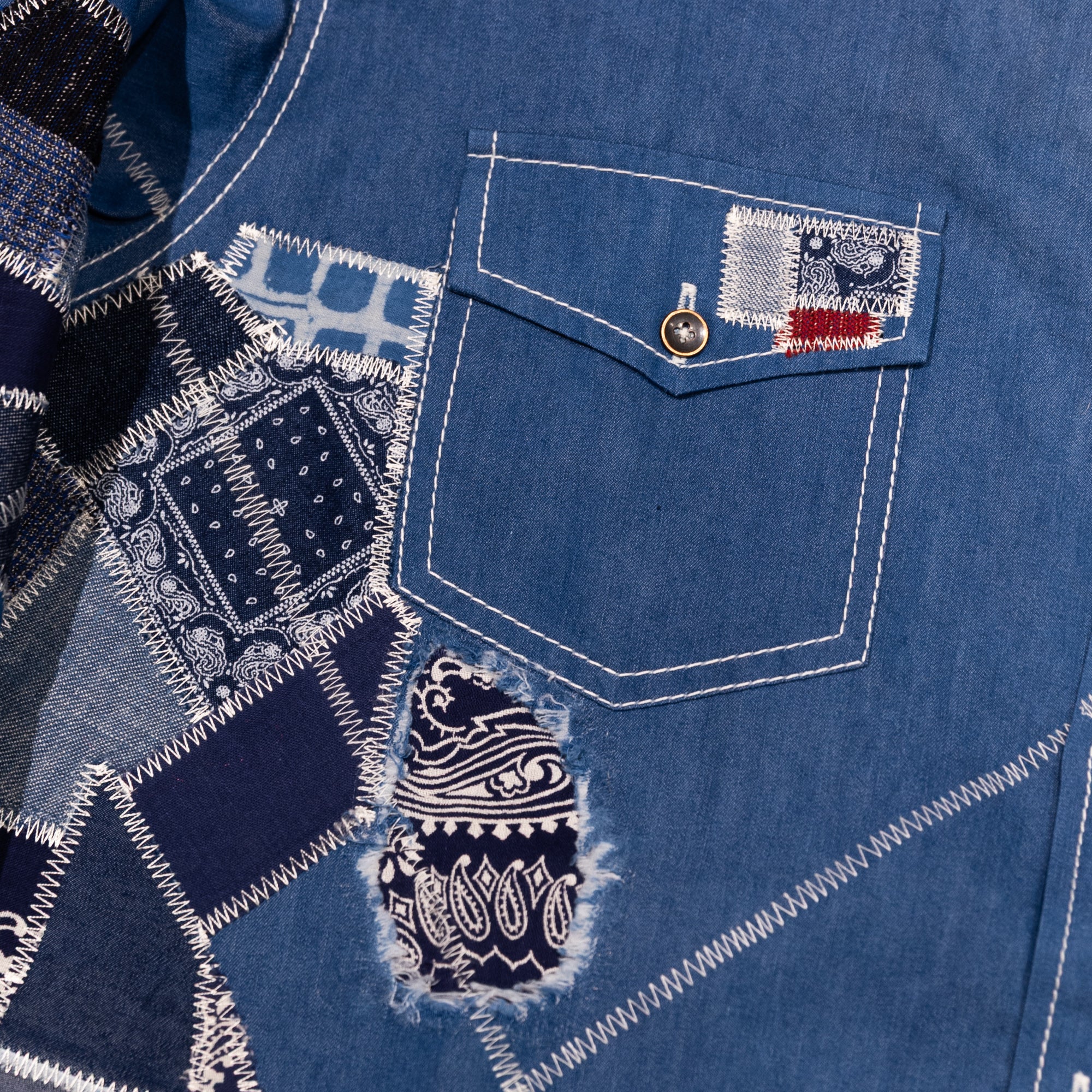 AK/PR/LOT1/SHRT035 Shirt Pattern 4 Repaired Handpainted Octopus Seafarer Shirt with Heavy Patchwork (Dark) - INDIGO