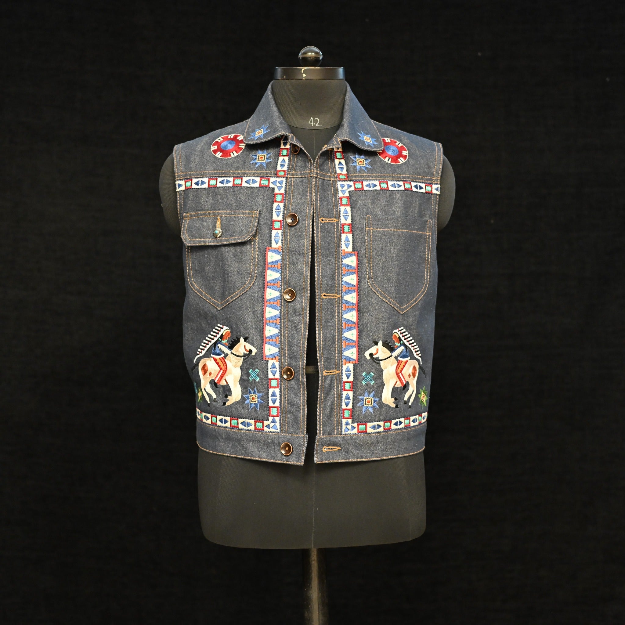 AK/PR/LOT1/VEST/002 Navajo Embroidered Denim Vest (Japan Selv Phoenix) - INDIGO