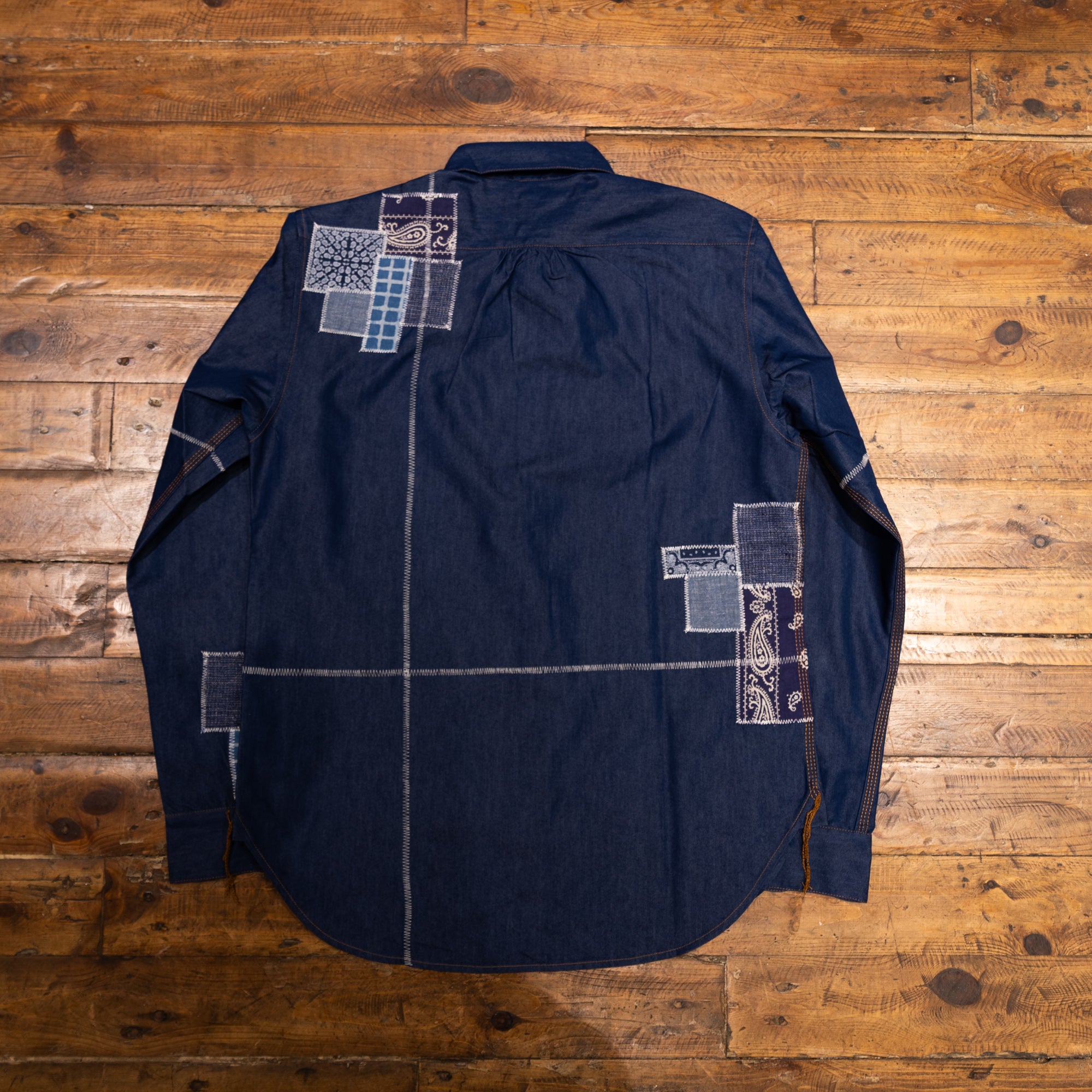 AK/PR/LOT1/SHRT027 Shirt Pattern 1 Blue Cotton Patchwork Shirt with Coin Pocket & Rounded Long Band Collar - INDIGO