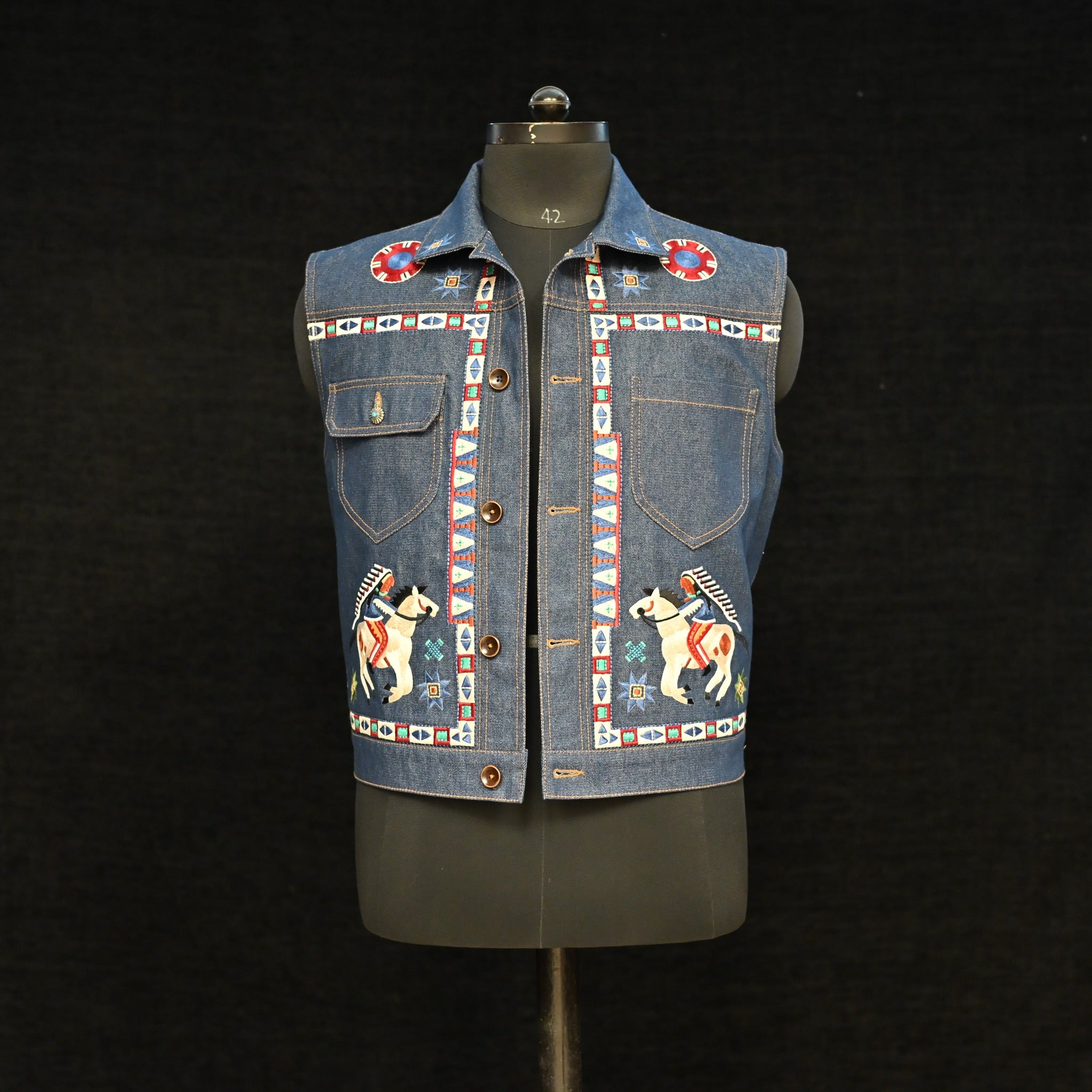 AK/PR/LOT1/VEST/001 Navajo Embroidered Denim Vest (Japan Selv Totem) - INDIGO