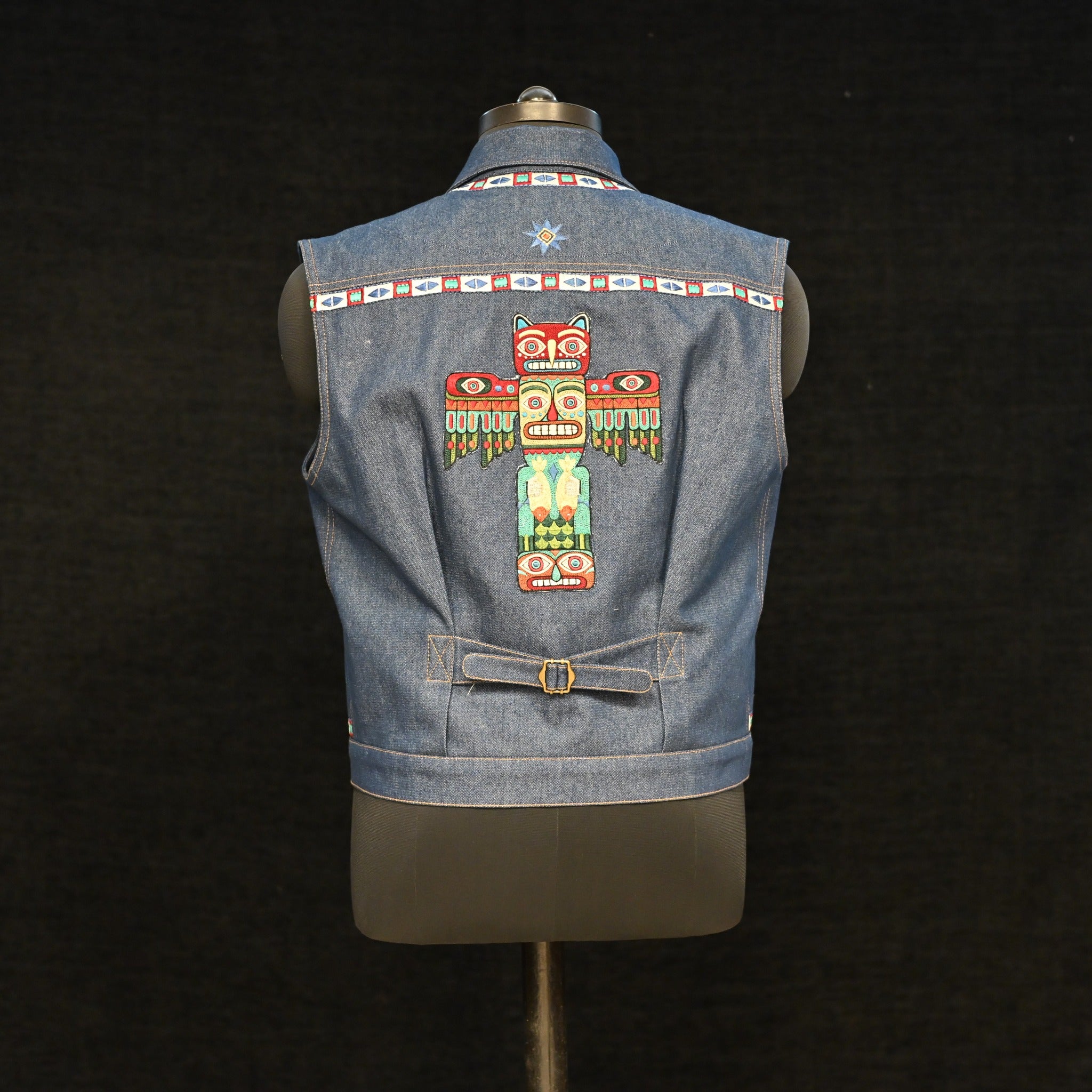 AK/PR/LOT1/VEST/001 Navajo Embroidered Denim Vest (Japan Selv Totem) - INDIGO