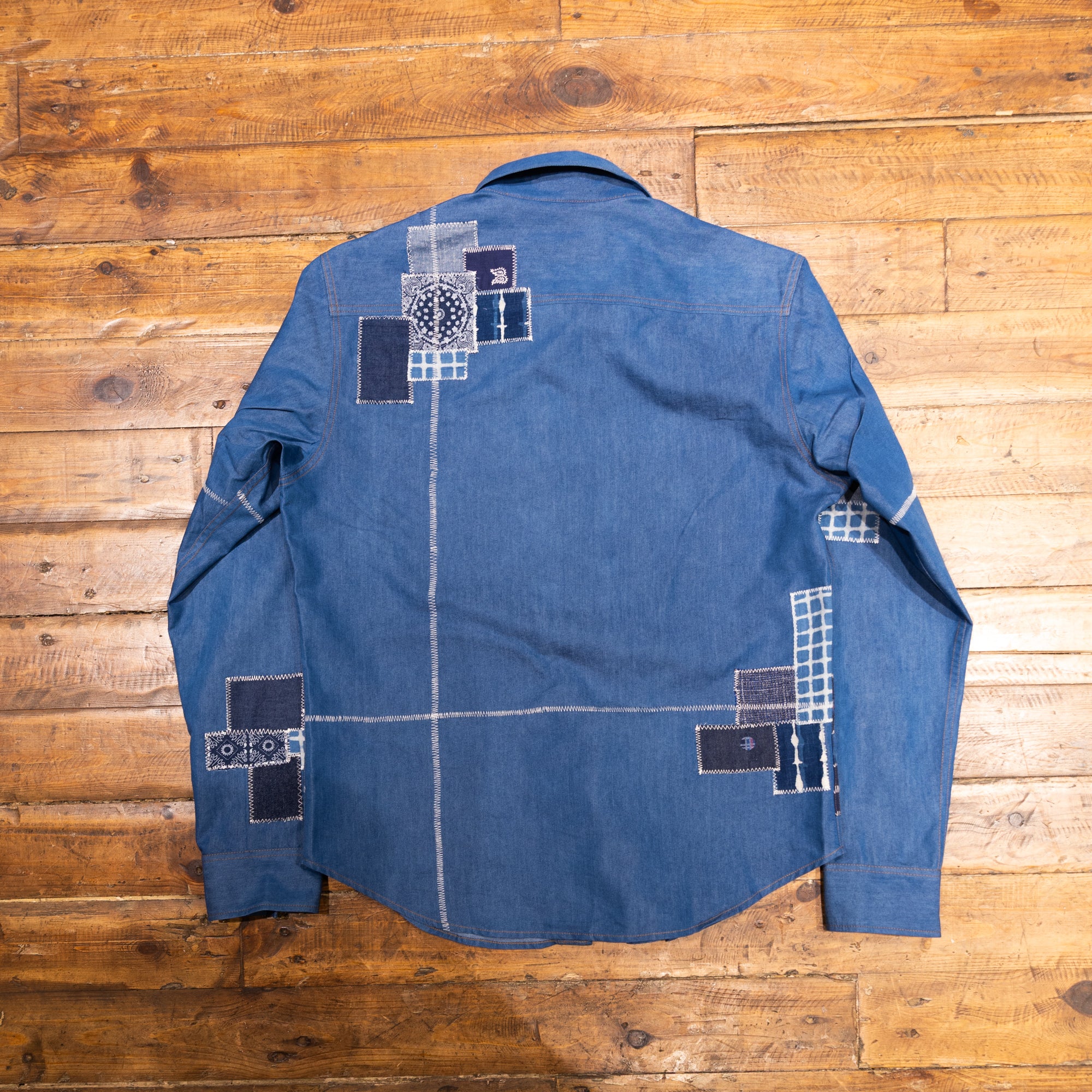 AK/PR/LOT1/SHRT013 Shirt Pattern 4 Light Blue Cotton Patchwork Shirt with Two Flap Pockets - INDIGO