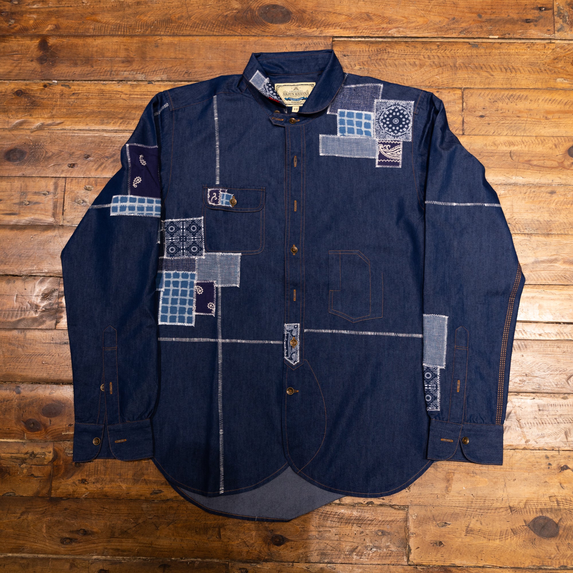 AK/PR/LOT1/SHRT027 Shirt Pattern 1 Blue Cotton Patchwork Shirt with Coin Pocket & Rounded Long Band Collar - INDIGO
