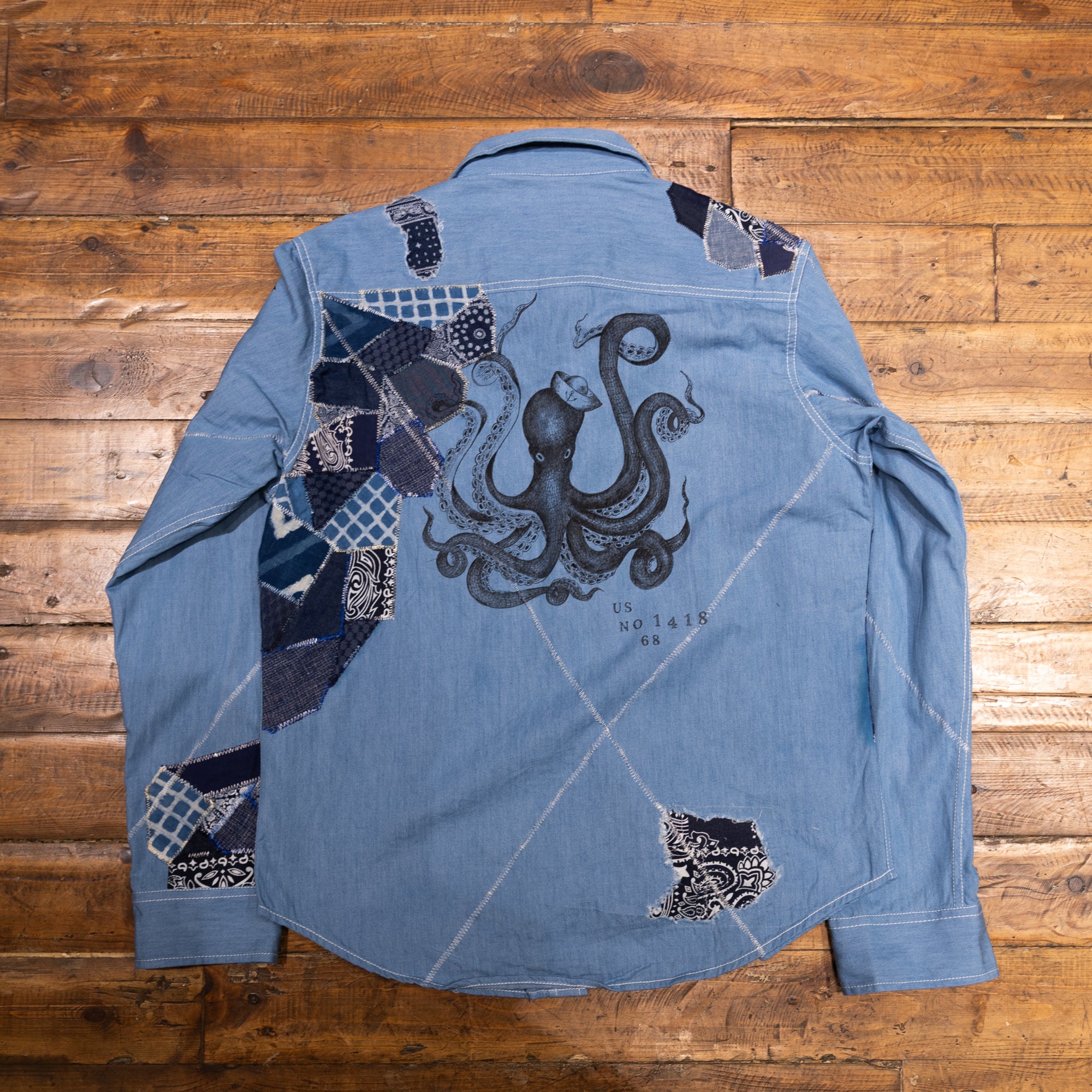 AK/PR/LOT1/SHRT017 Shirt Pattern 4 Repaired Handpainted Octopus Seafarer Shirt with Heavy Patchwork (Light ) - INDIGO