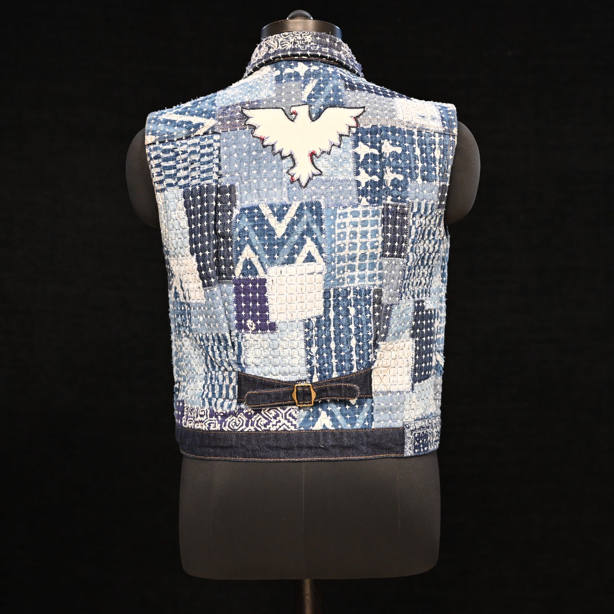 AK/PR/LOT1/VEST/005 Type 1 - Distressed Denim Vest with Patchwork & Boro (Japan Selv); Hand Sashiko - INDIGO