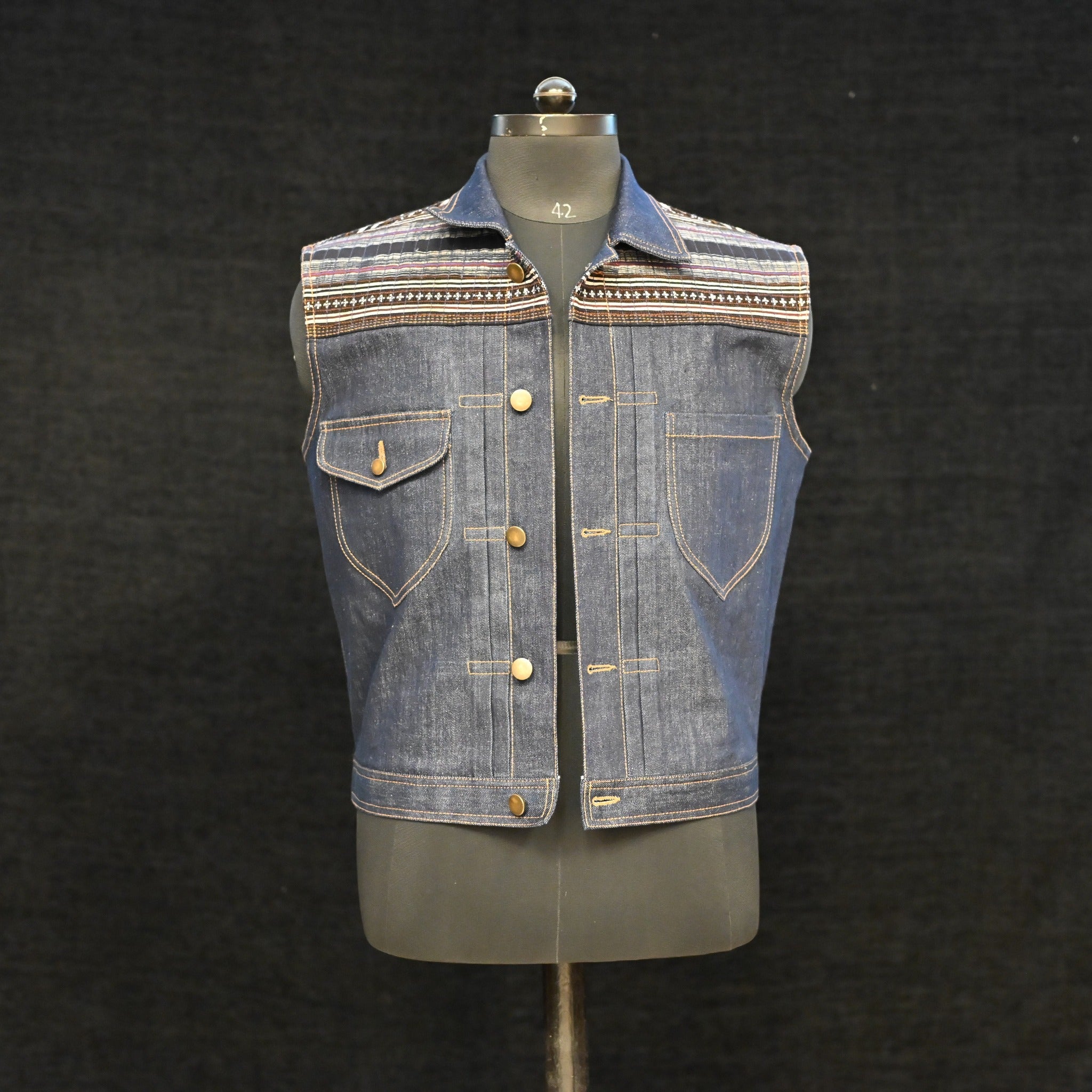 AK/PR/LOT1/VEST/009 Quilted Sapa Yoke Pleated Denim Vest (Japan Selv) - INDIGO