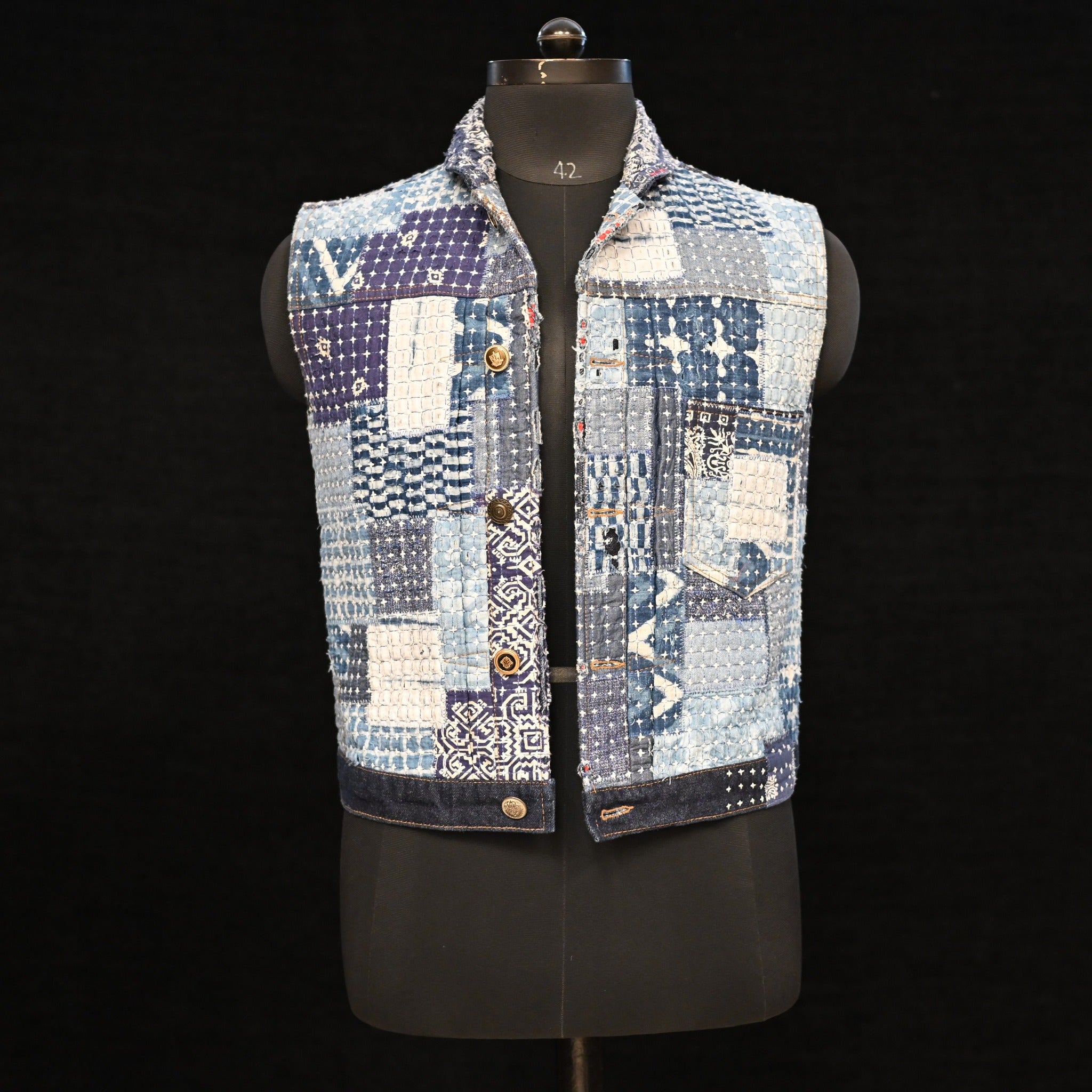 AK/PR/LOT1/VEST/005 Type 1 - Distressed Denim Vest with Patchwork & Boro (Japan Selv); Hand Sashiko - INDIGO