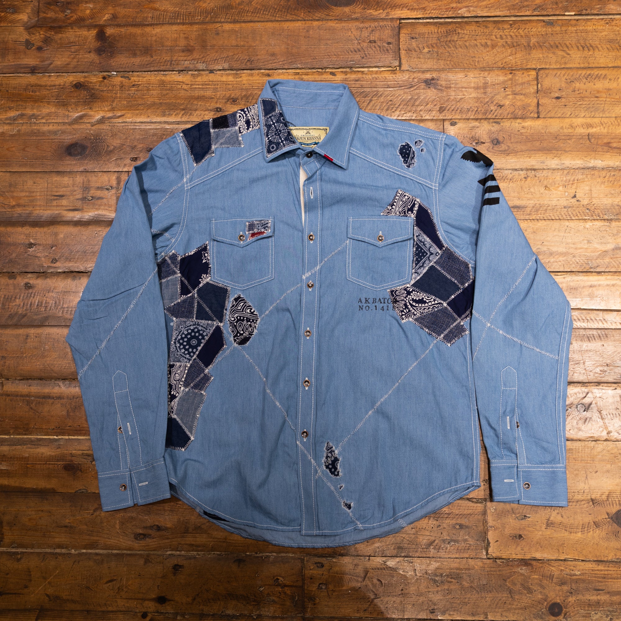 AK/PR/LOT1/SHRT034 Shirt Pattern 4 Repaired Handpainted Mermaid Seafarer Shirt with Heavy Patchwork (Light)* - INDIGO