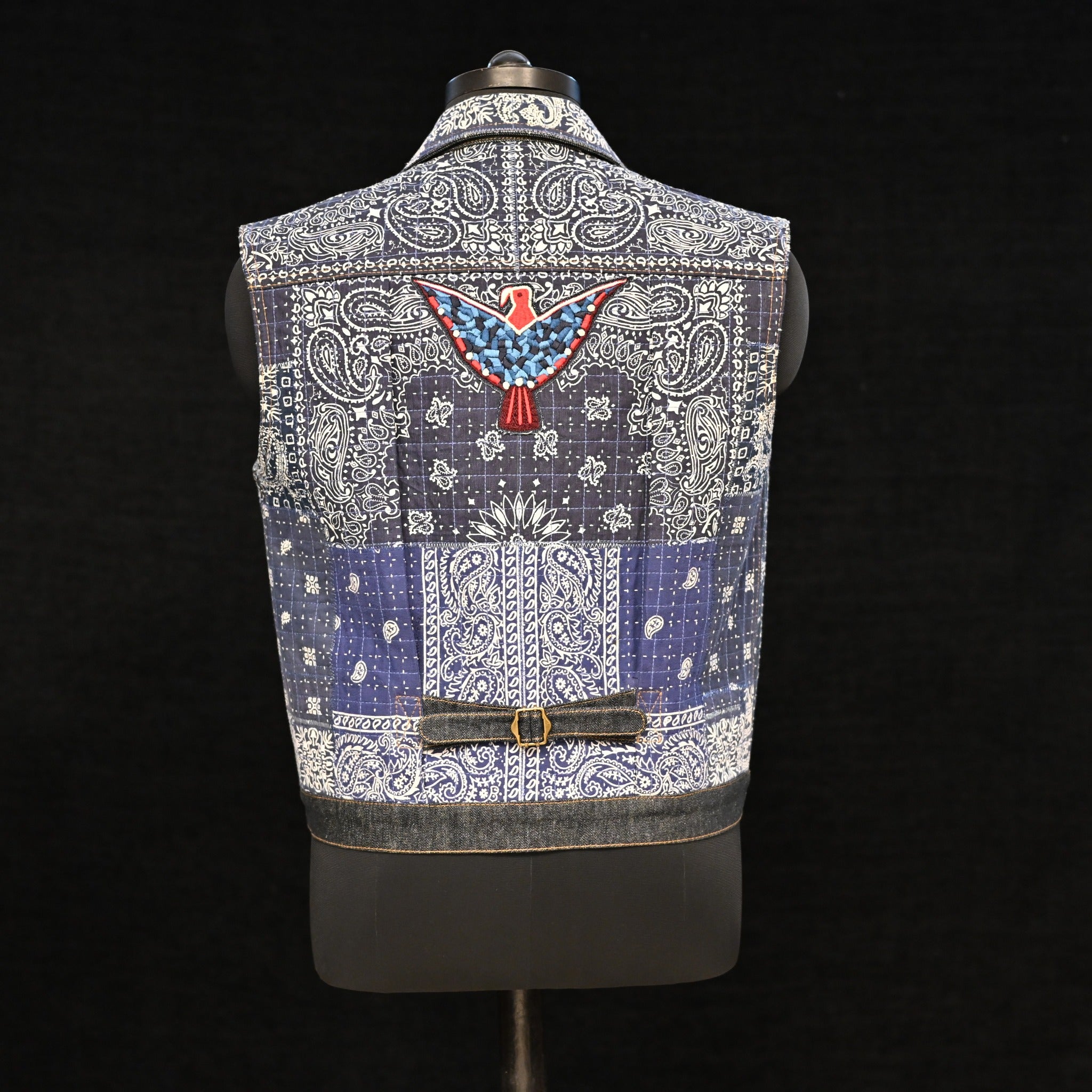 AK/PR/LOT1/VEST/004 The Distressed Cowboy Bandana Denim Vest (Japan Selv) - INDIGO