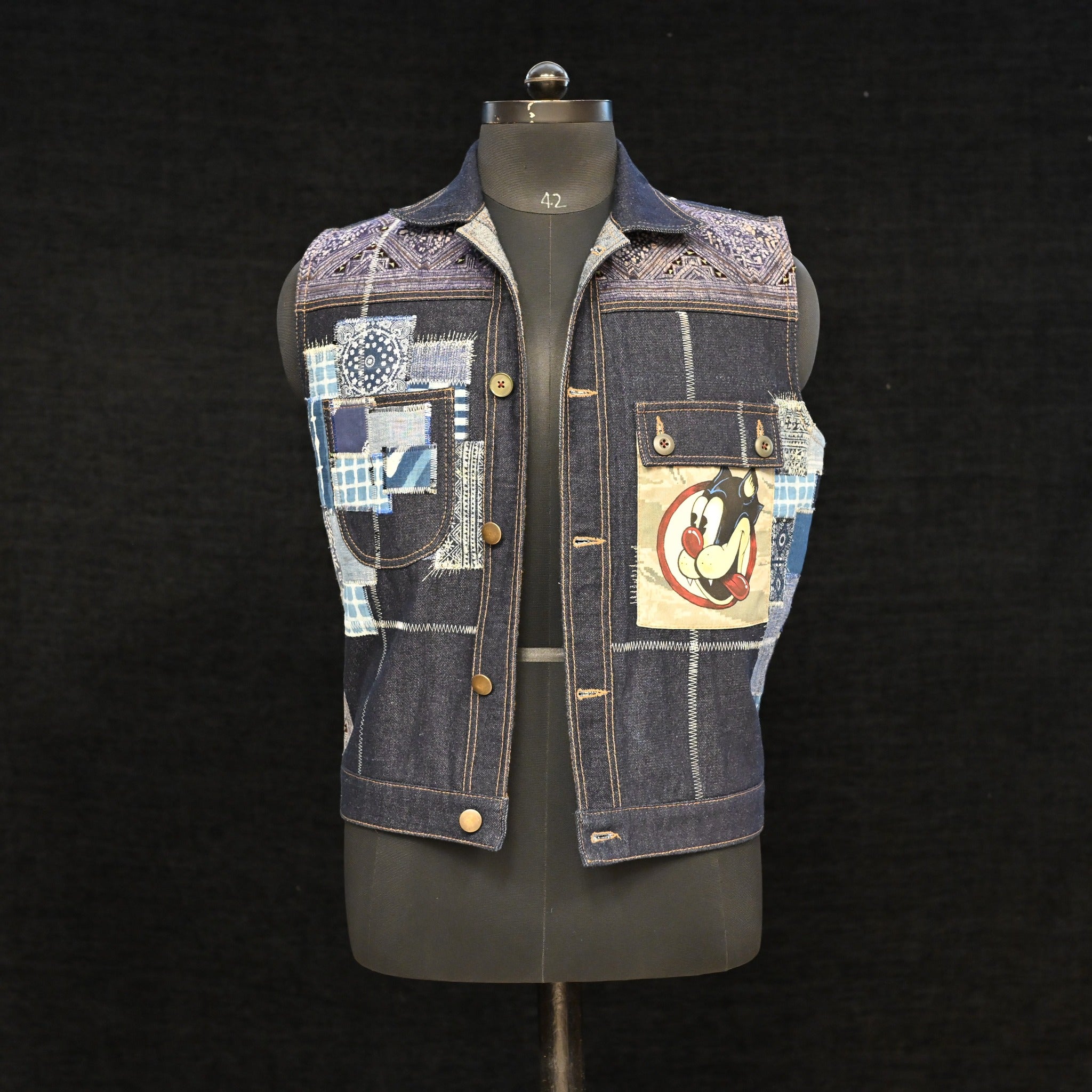 AK/PR/LOT1/VEST/006 Madcat Patch Pocket Denim Vest (Japan Selv) with Sapa Yoke - INDIGO