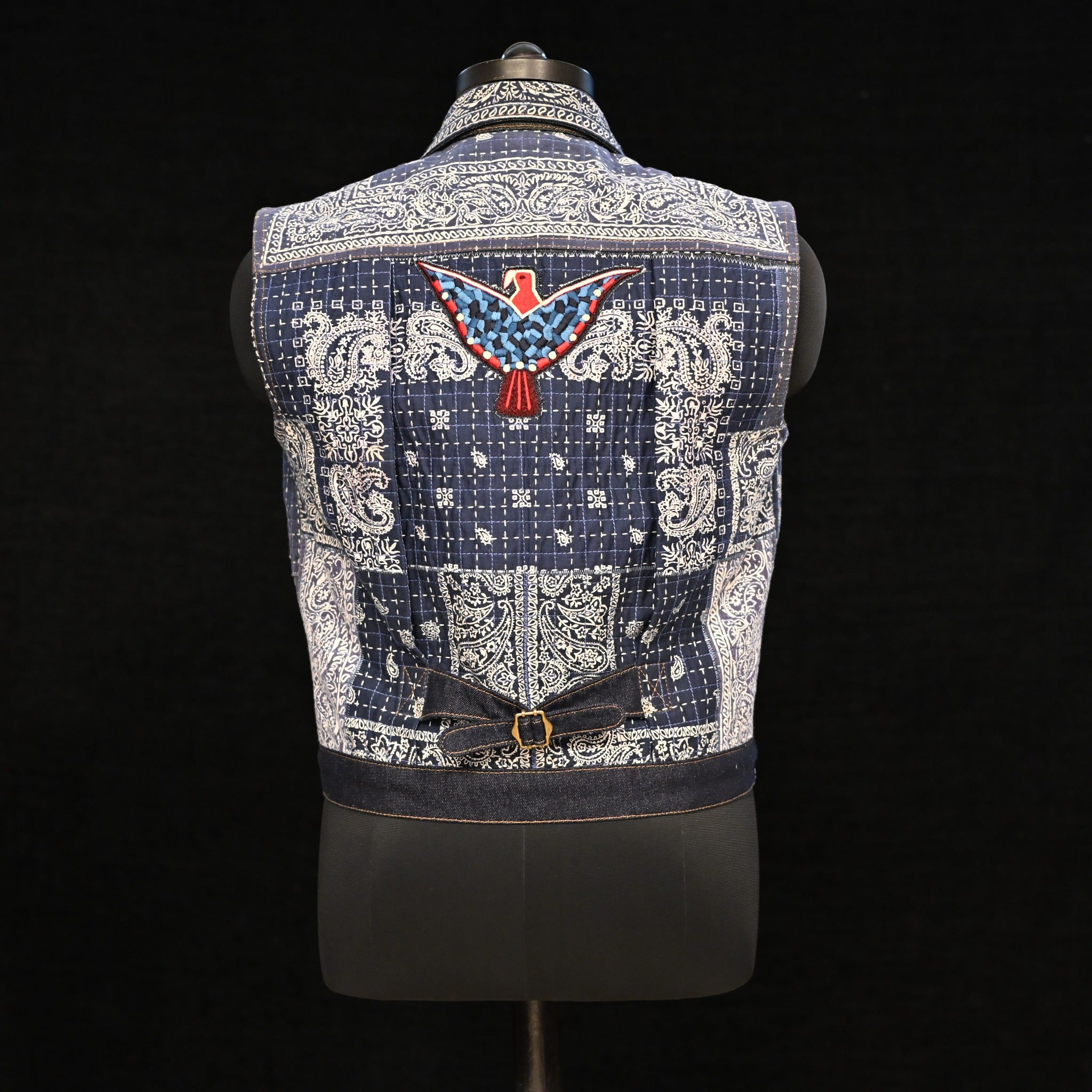 AK/PR/LOT1/VEST/003 The Distressed Cowboy Bandana Denim Vest (Japan Selv) - INDIGO